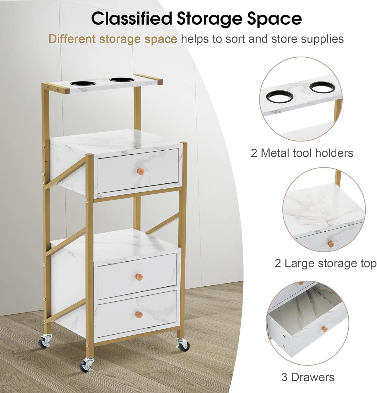 BarberPub Utility Cart with Drawers,  Tool Holders and Shelves, Salon Trolley with Locking Wheels