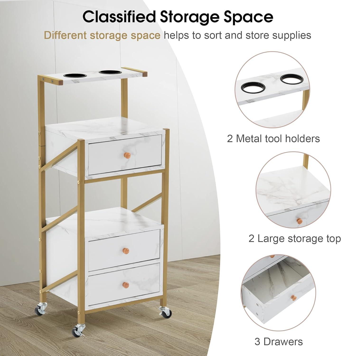 BarberPub Utility Cart with Drawers,  Tool Holders and Shelves, Salon Trolley with Locking Wheels