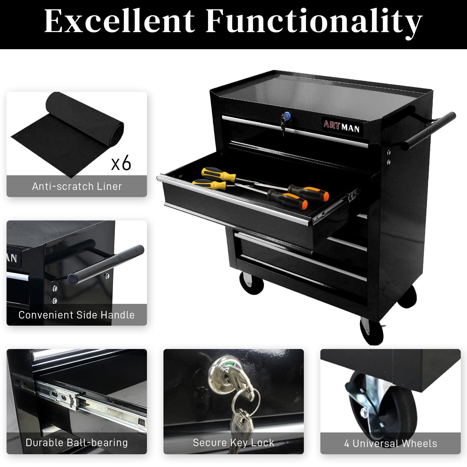 Kselythan Rolling Tool Chest,Tool Cart On Wheels,With 4 Wheels 5 Drawers,Tool Storage Cabinet With Lock & Key,For Garage Warehouse Repair Shop,Black