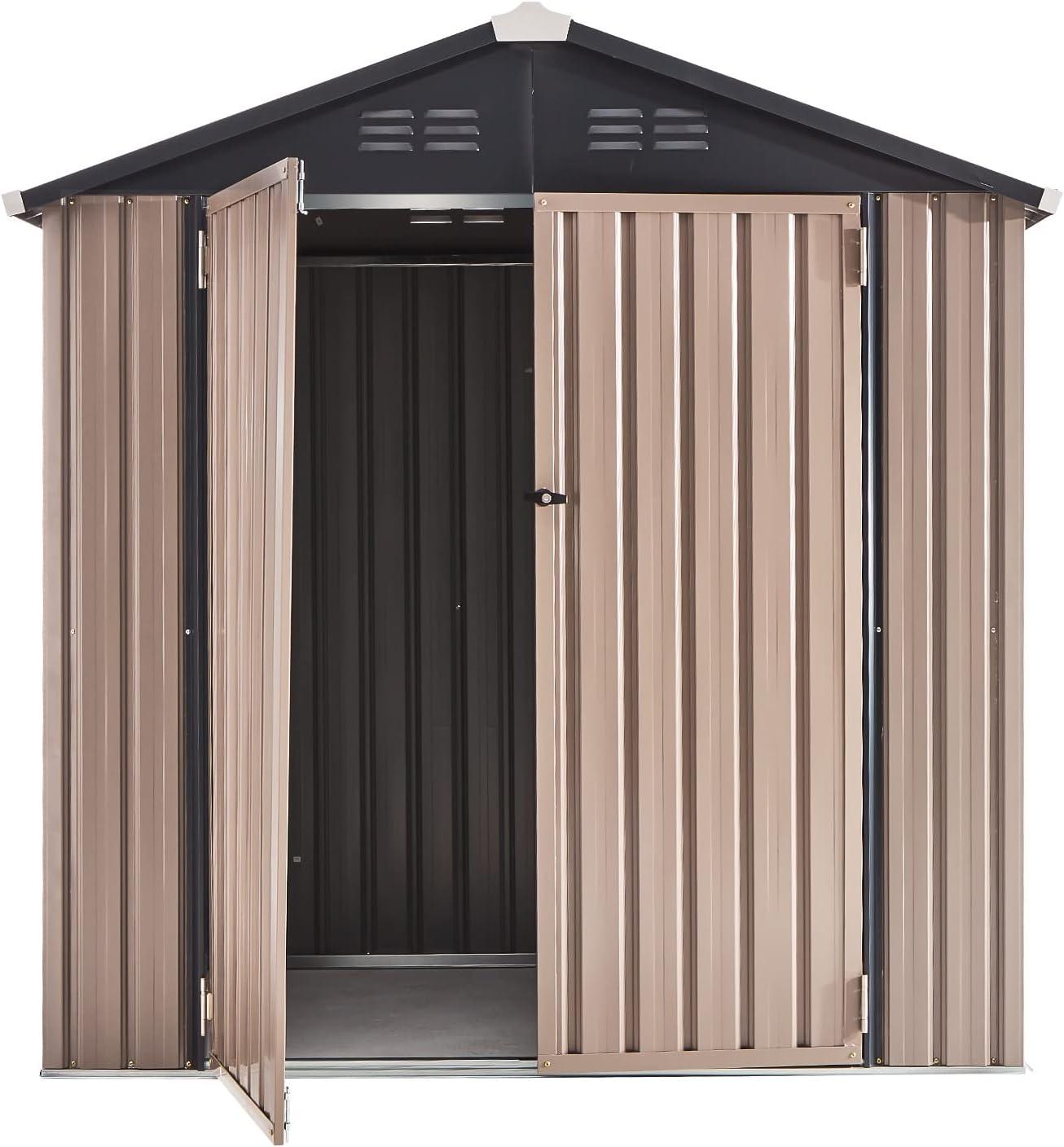 Gray and Brown Metal Outdoor Storage Shed with Lockable Door