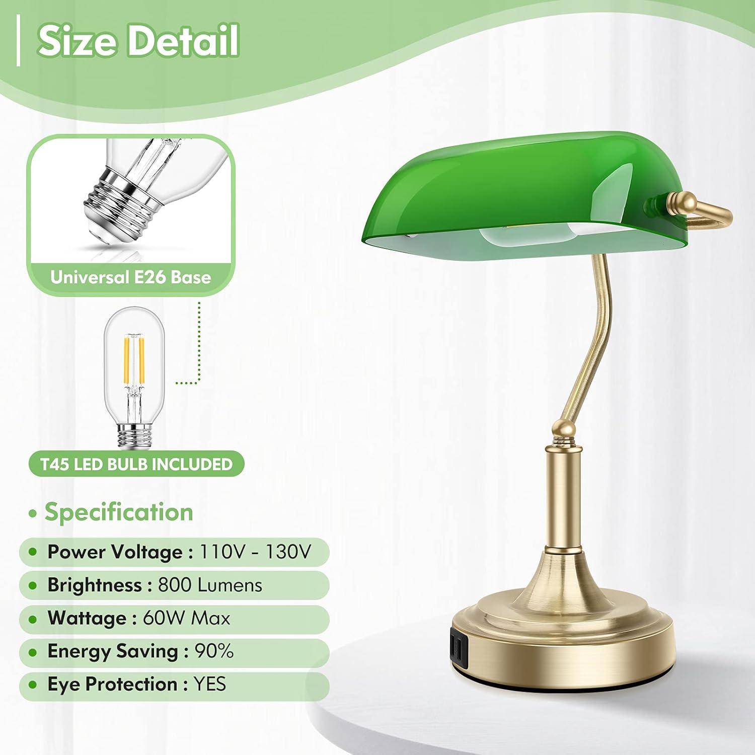 Bankers Lamp with 2 USB Ports, Touch Control Green Glass Desk Lamp with Brass Base, 3-Way Dimmable Vintage Desk Lamp for Home Office Workplace Nightstand Bedroom Library Piano, LED Bulb Included
