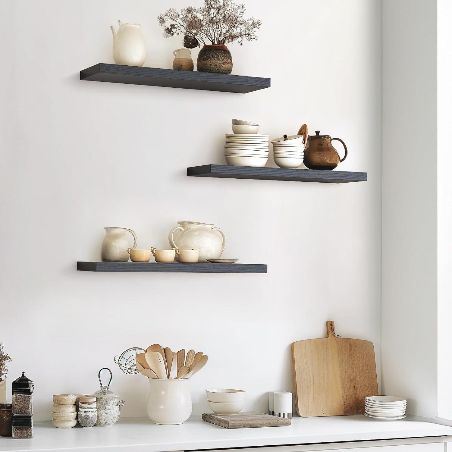 BAYKA Floating Shelves for Wall, 22.5 inches Wall Mounted Rustic Wood Shelves for Bathroom, Bedroom, Living Room, Floating Shelves for Books/Storage/Decor with 22lbs Capacity(Black,Set of 3)