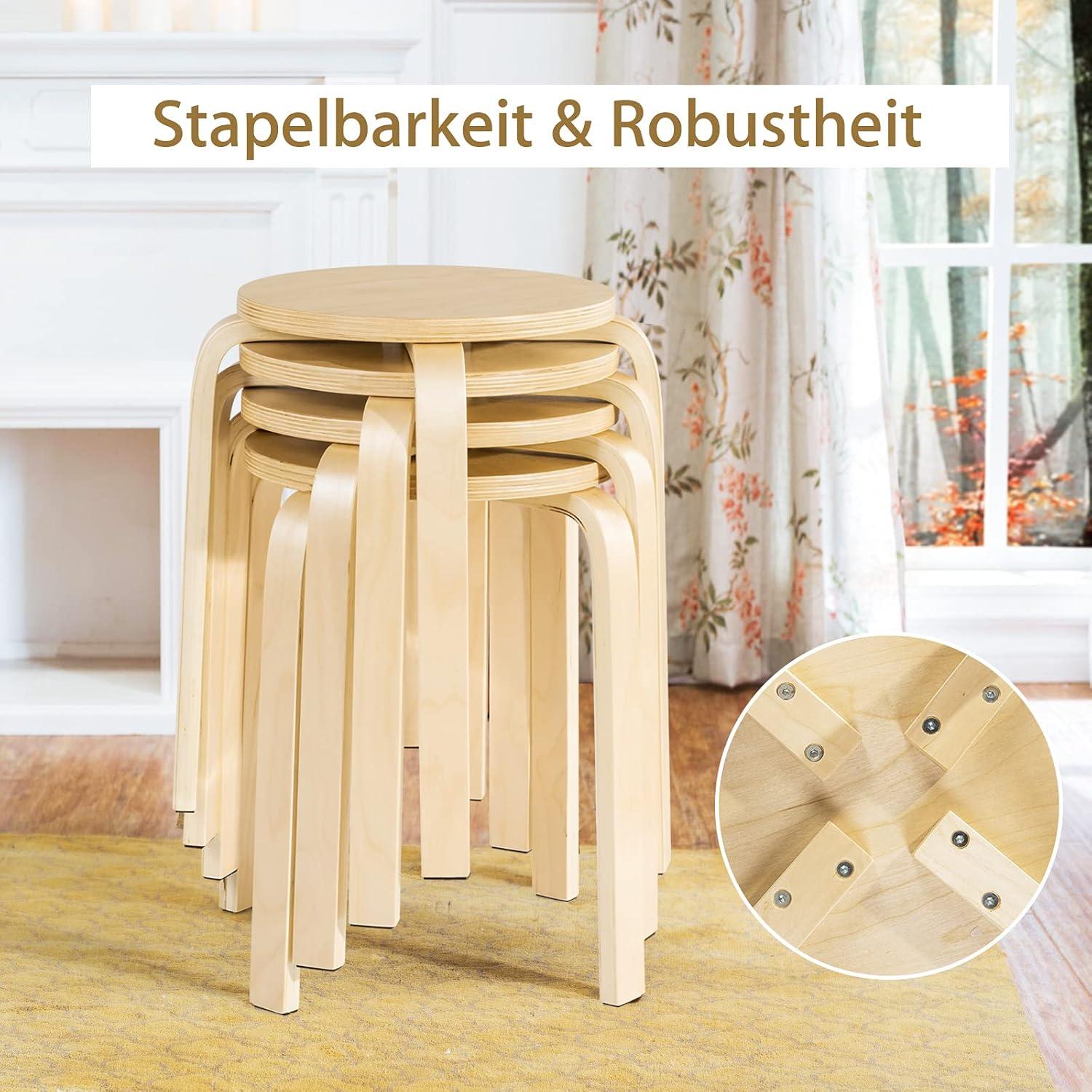 GVN Stackable Stools Set of 4 with Square Top and Rounded Corners-Natural, Dining Room Chairs, Lounge Chair for Kitchen, Dining, Bedroom, Living