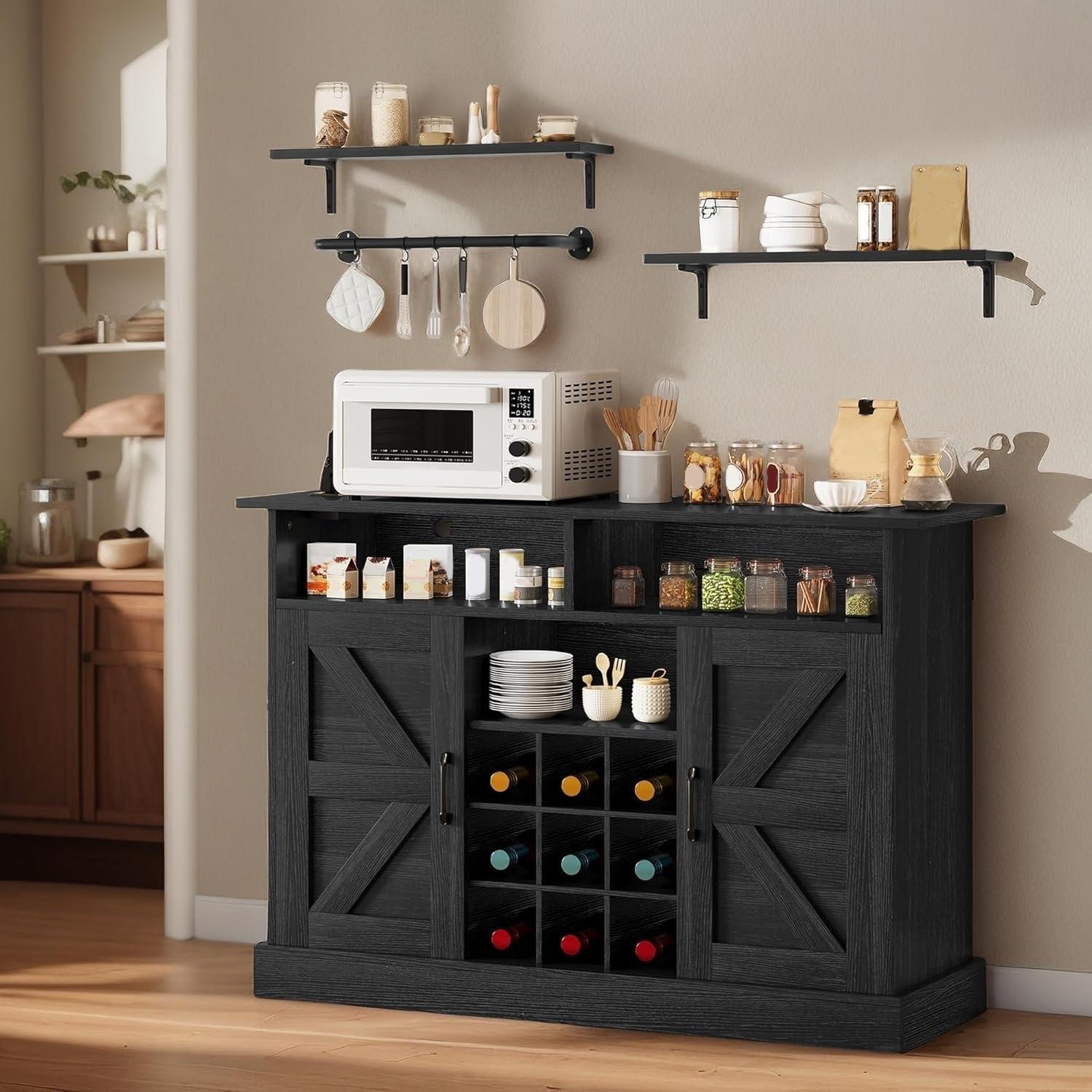 YITAHOME Sideboard Buffet Cabinet, 52" Farmhouse Coffee Bar with Power Outlet, Floating Shelves, Wine Storage for Kitchen & Living Room (White)