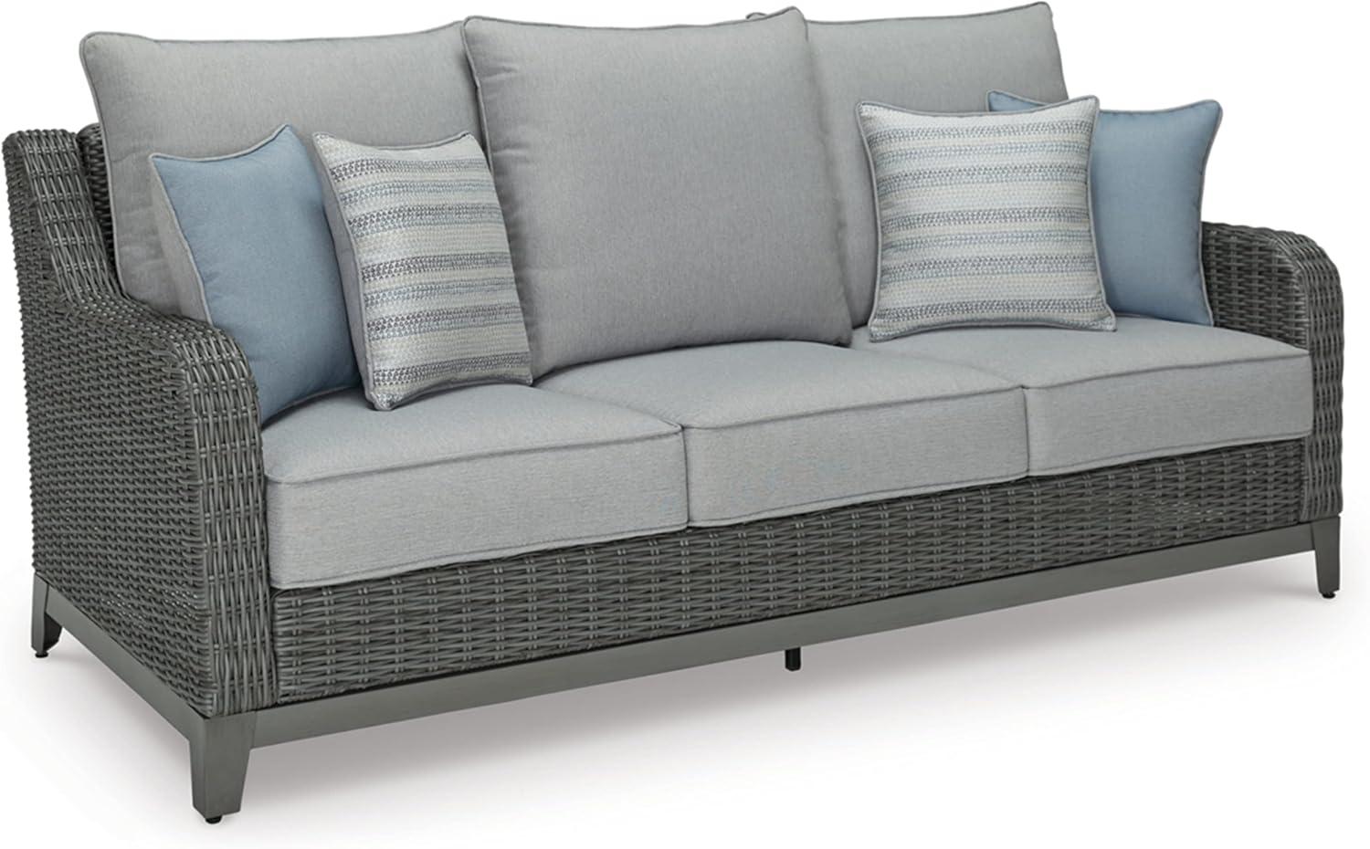 Gray Wicker and Aluminum Outdoor Sofa with Cushions