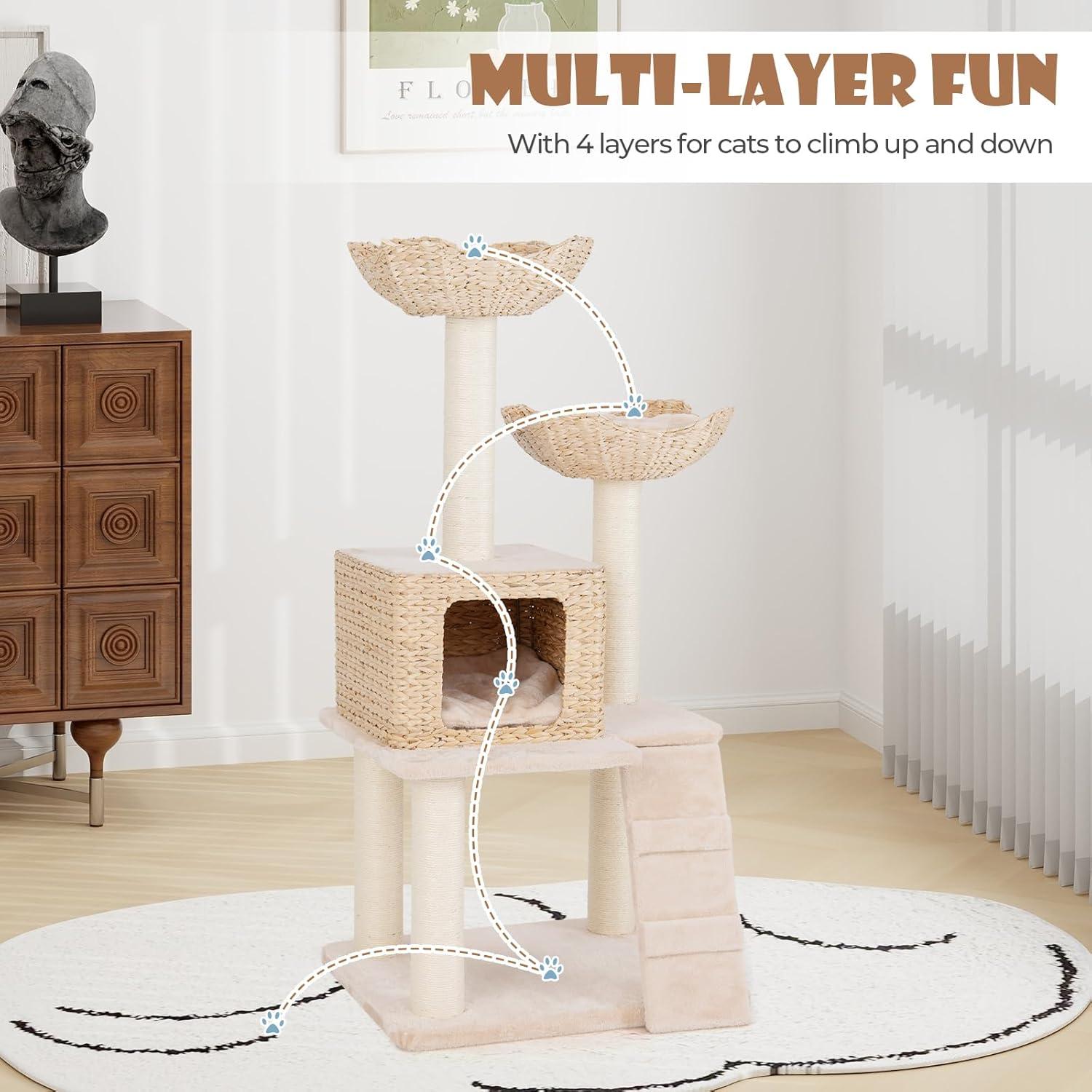 Giantex Wooden Cat Tree, 48 inches Cat Tower with Cattail Condo, Cat Bed, Hammock, Rotatable Jingling Balls, Natural Sisal Scratching Posts, Removable Cushion, Multi-Level Kitten Activity Center