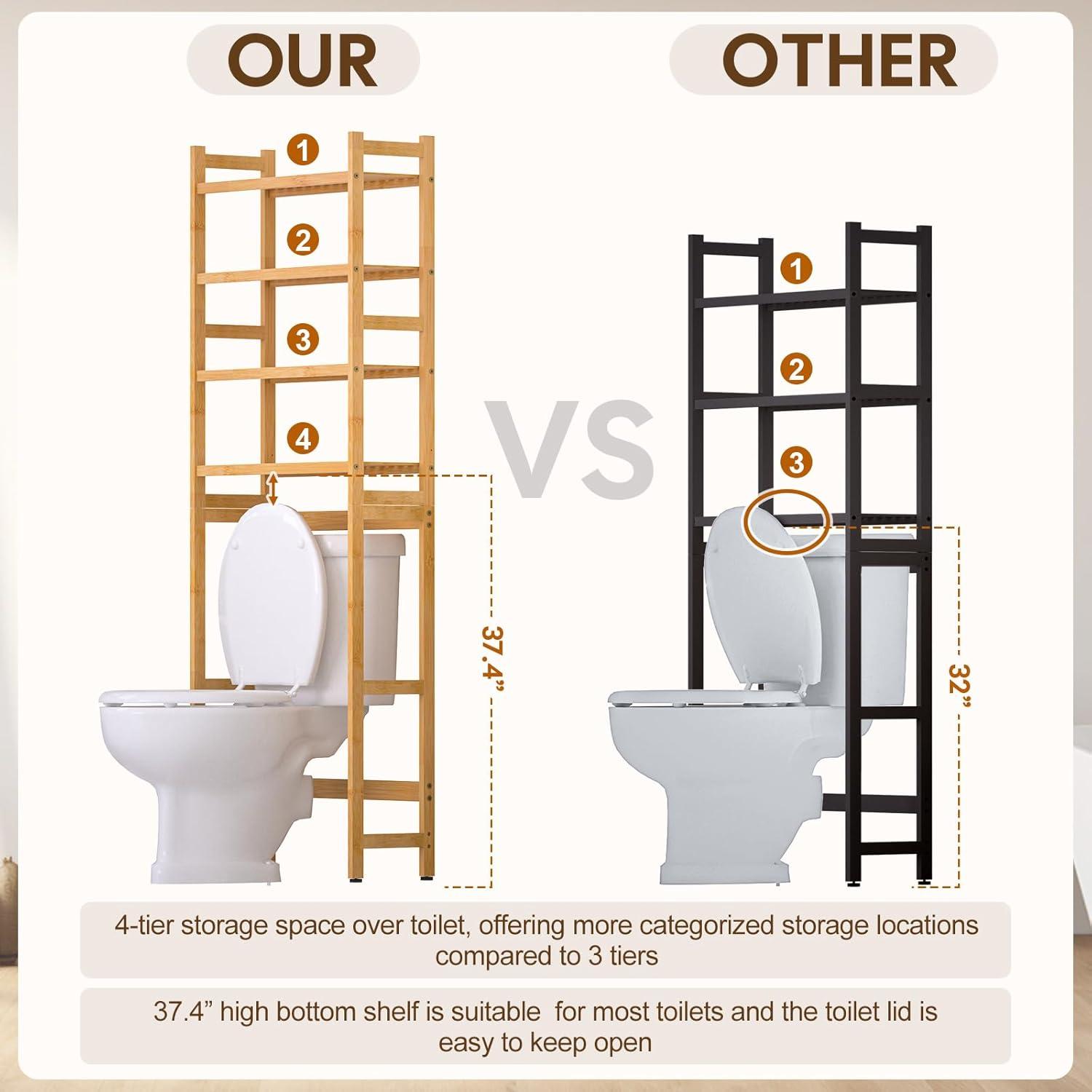 Natural Bamboo 4-Tier Over-the-Toilet Storage Rack with Baskets