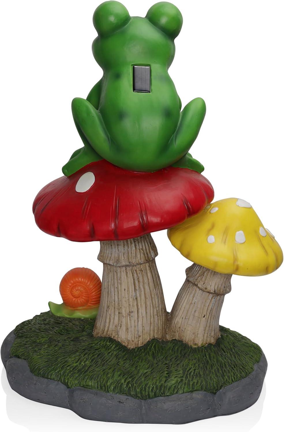 Solar Frog Sitting On Top of Mushroom Statue