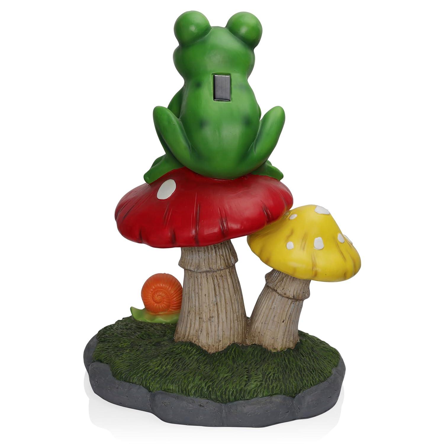 Solar Frog Sitting On Top of Mushroom Statue