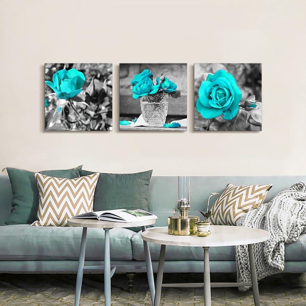 Canvas Wall Art For Bedroom Wall Decor For Living Room Black And White Wall Paintings Blue Rose Flowers Pictures Watercolor Giclee Canvas Prints Ready To Hang Room For Girls Home Decoration 3 Piece