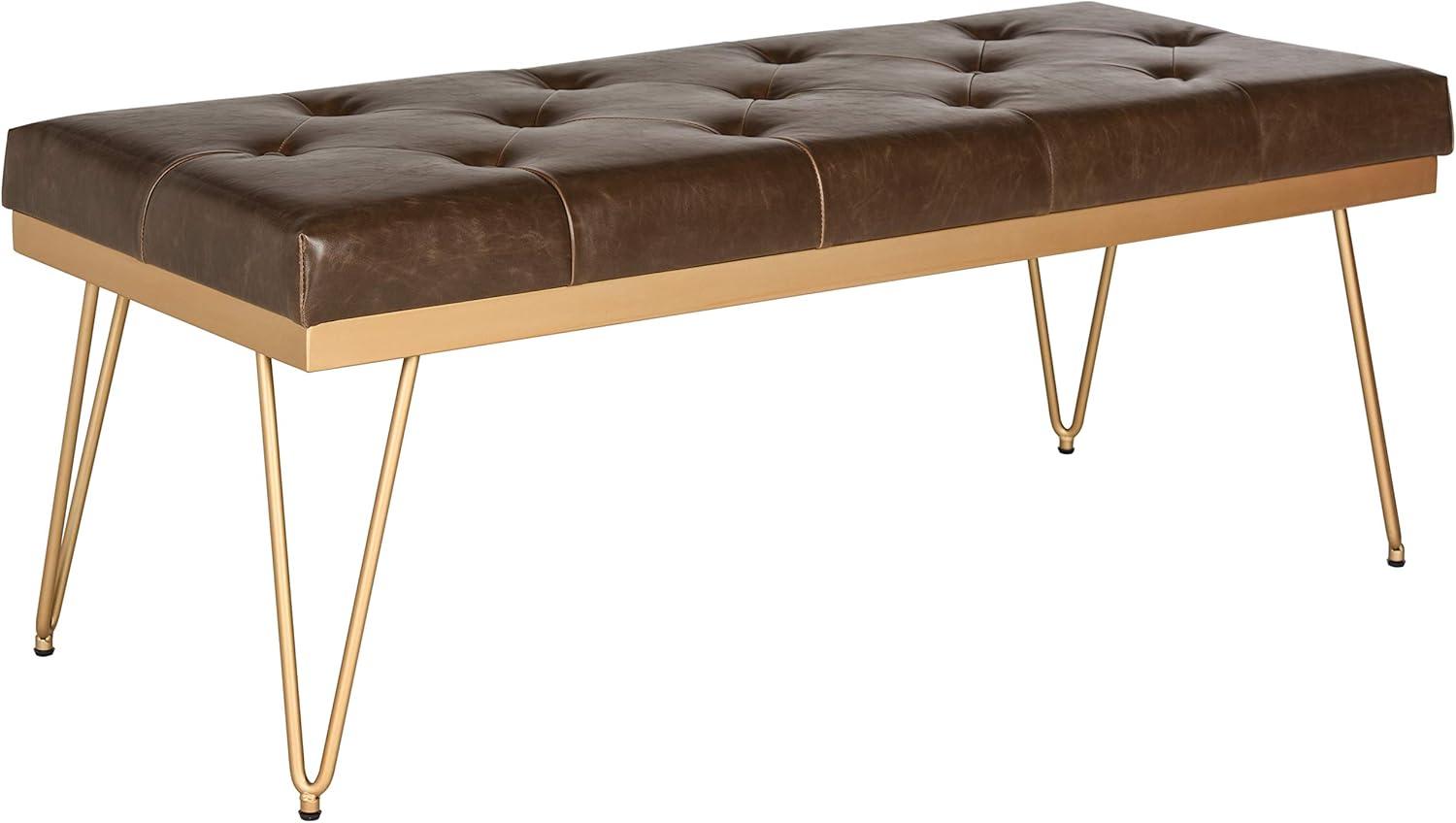 Transitional Brown and Gold PU Leather Bench with Hairpin Legs