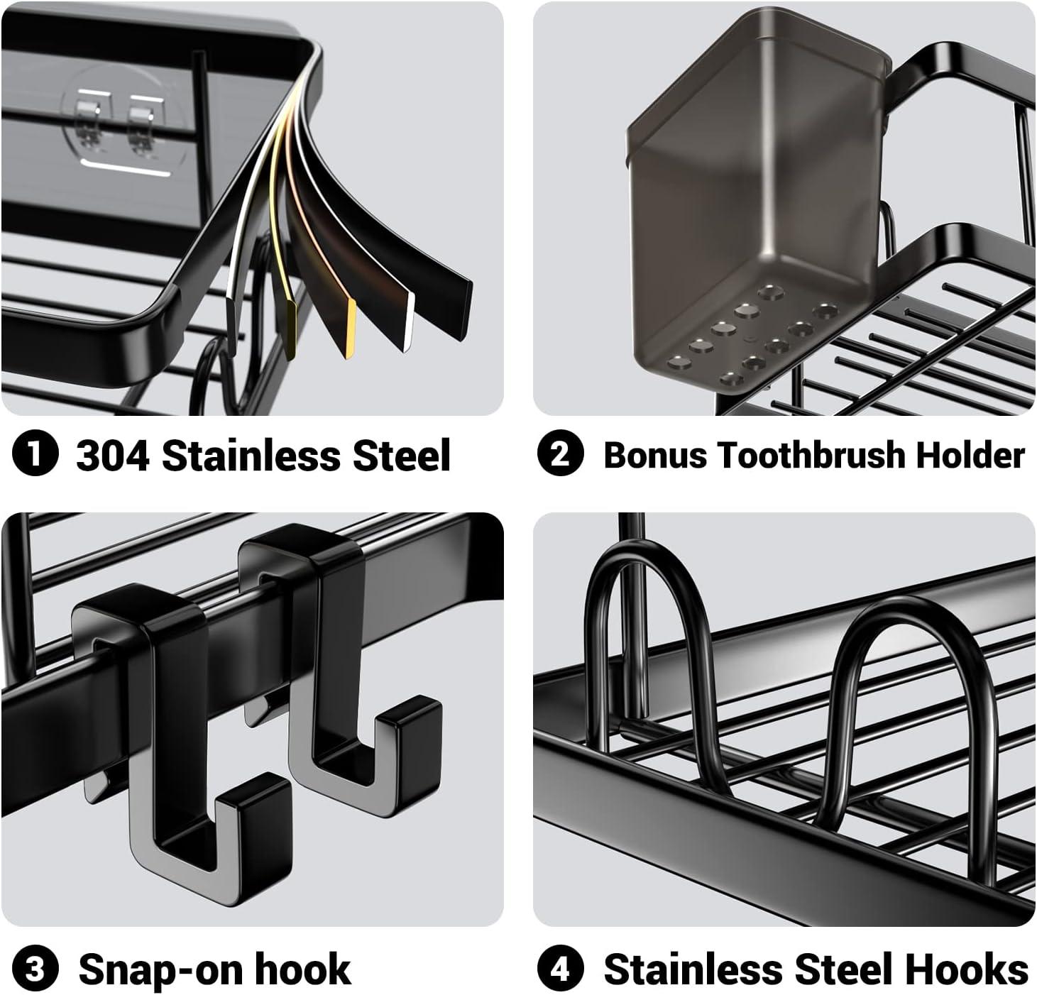 Corner Shower Caddy 2 Pack Organizer Shelves No Drilling Stainless Steel with Hooks&Toothpaste Holder