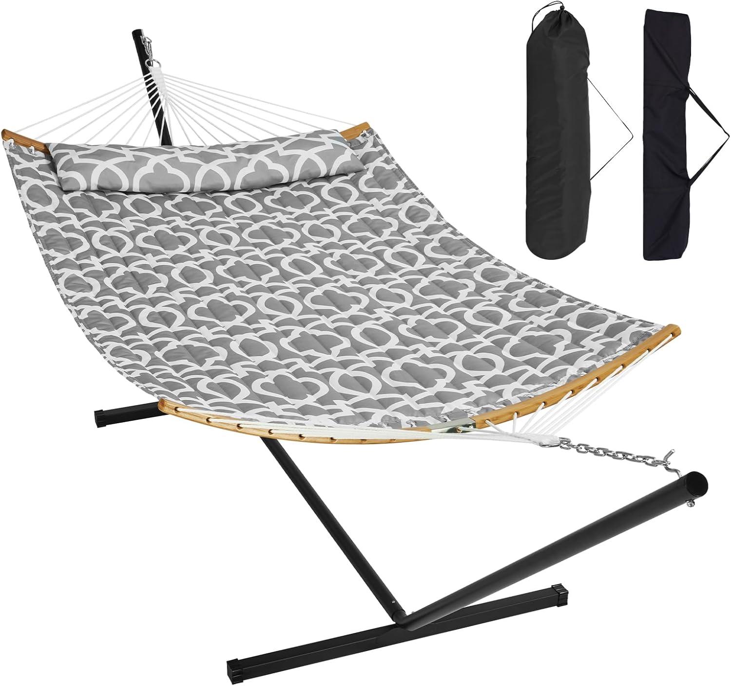 Gray Double Quilted Fabric Hammock with Stand and Pillow