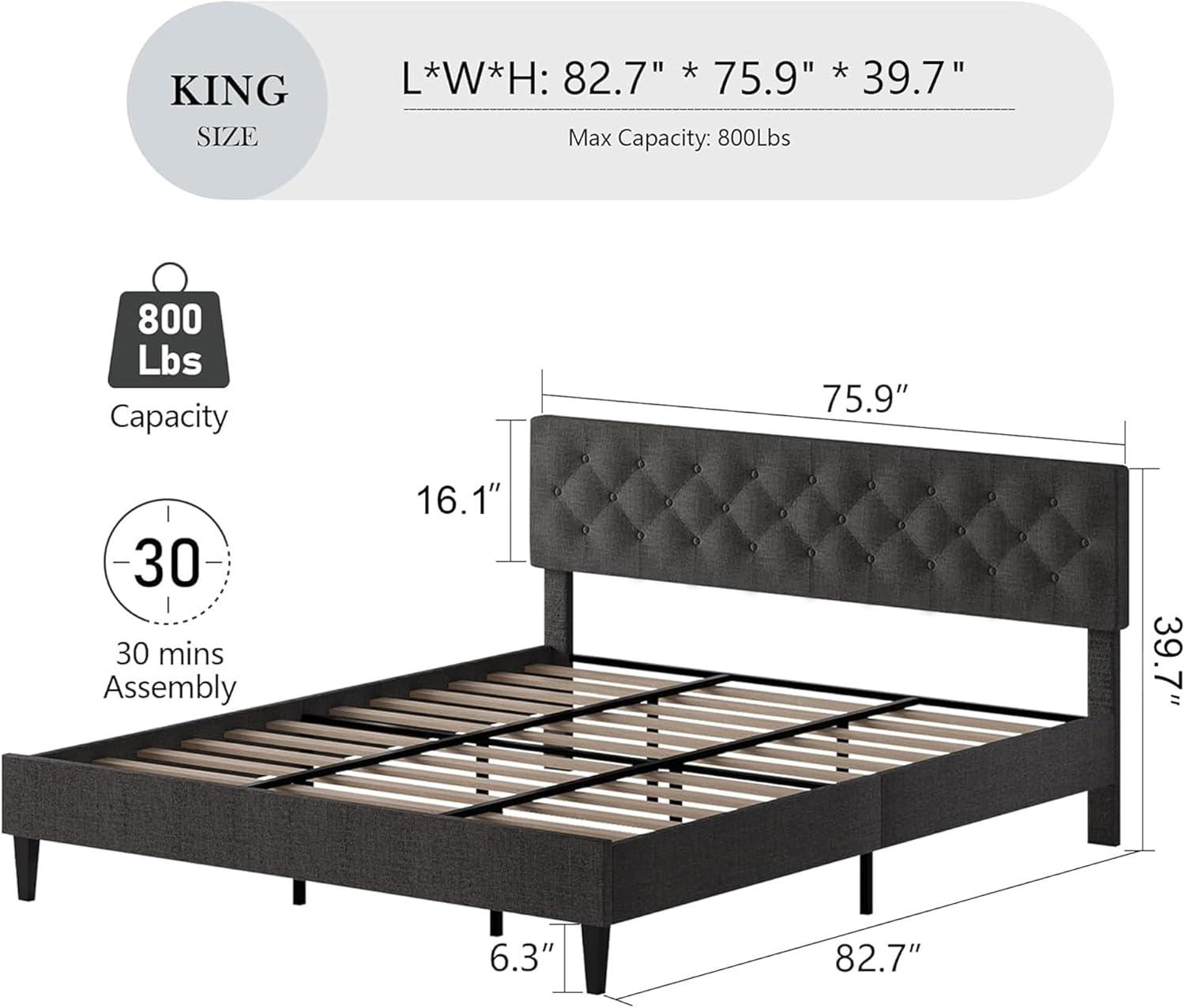King Size Bed Frame, Upholstered Platform Bed Frame King with Button Tufted Headboard, Wooden Slats Support, No Box Spring Required, Easy Assembly, Navy Blue
