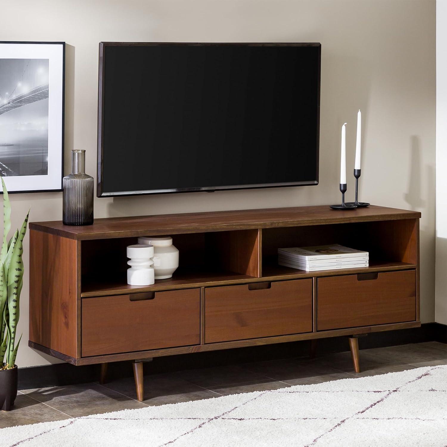 Mid-Century Modern 58" Walnut TV Stand with 3 Drawers and Open Shelves