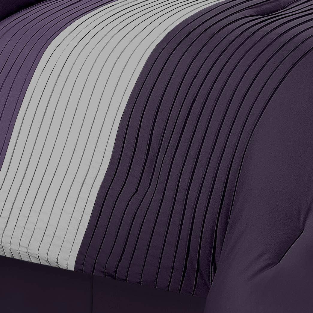 Queen Purple and Gray Striped Polyester Comforter Set