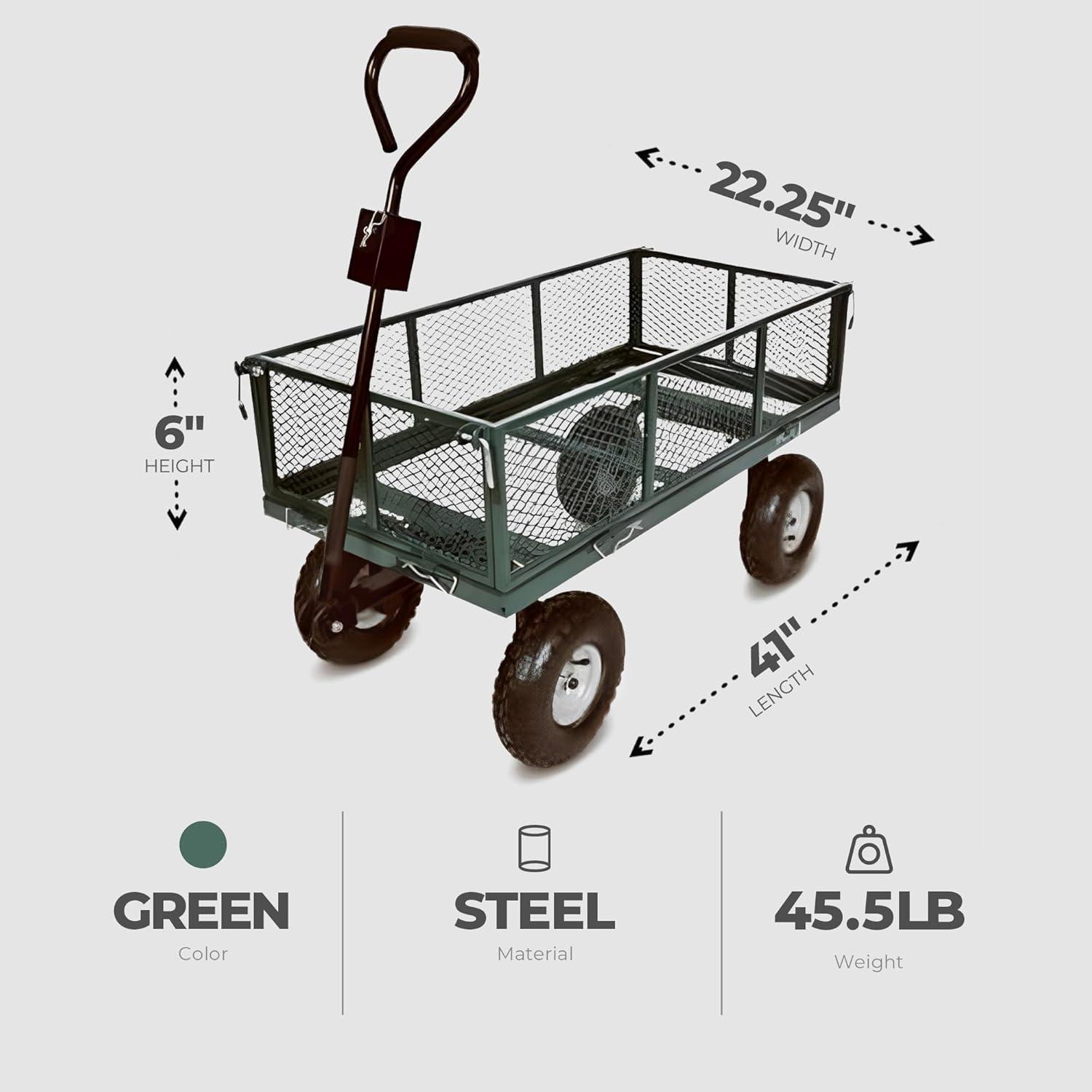 Green and Black Steel Mesh Garden Cart with Pneumatic Wheels