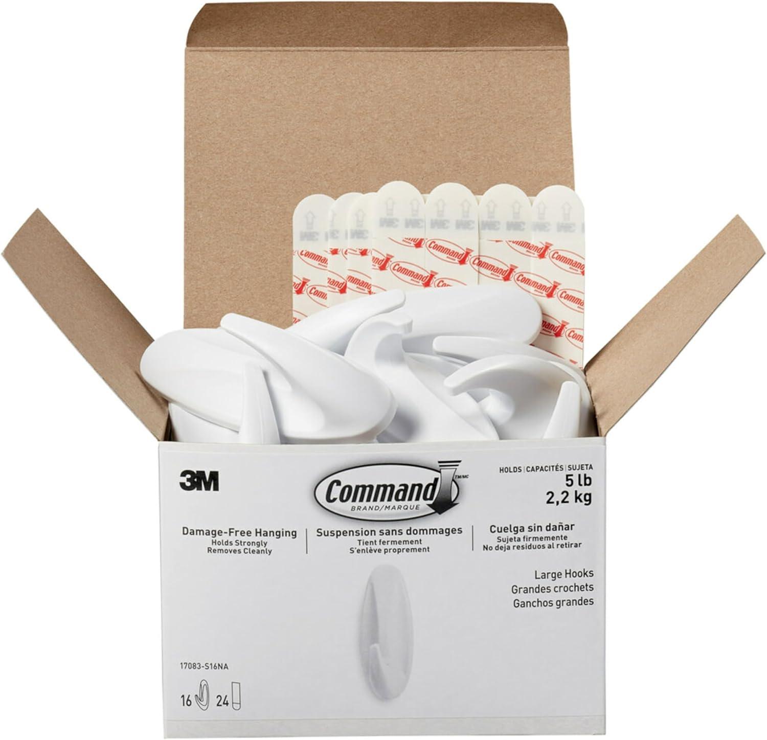 Command Large Wall Hooks, 16 Hooks, 24 White Adhesive Strips, Damage Free Hanging Picture Hangers, No Tools Wall Hanging Strips For Living Spaces