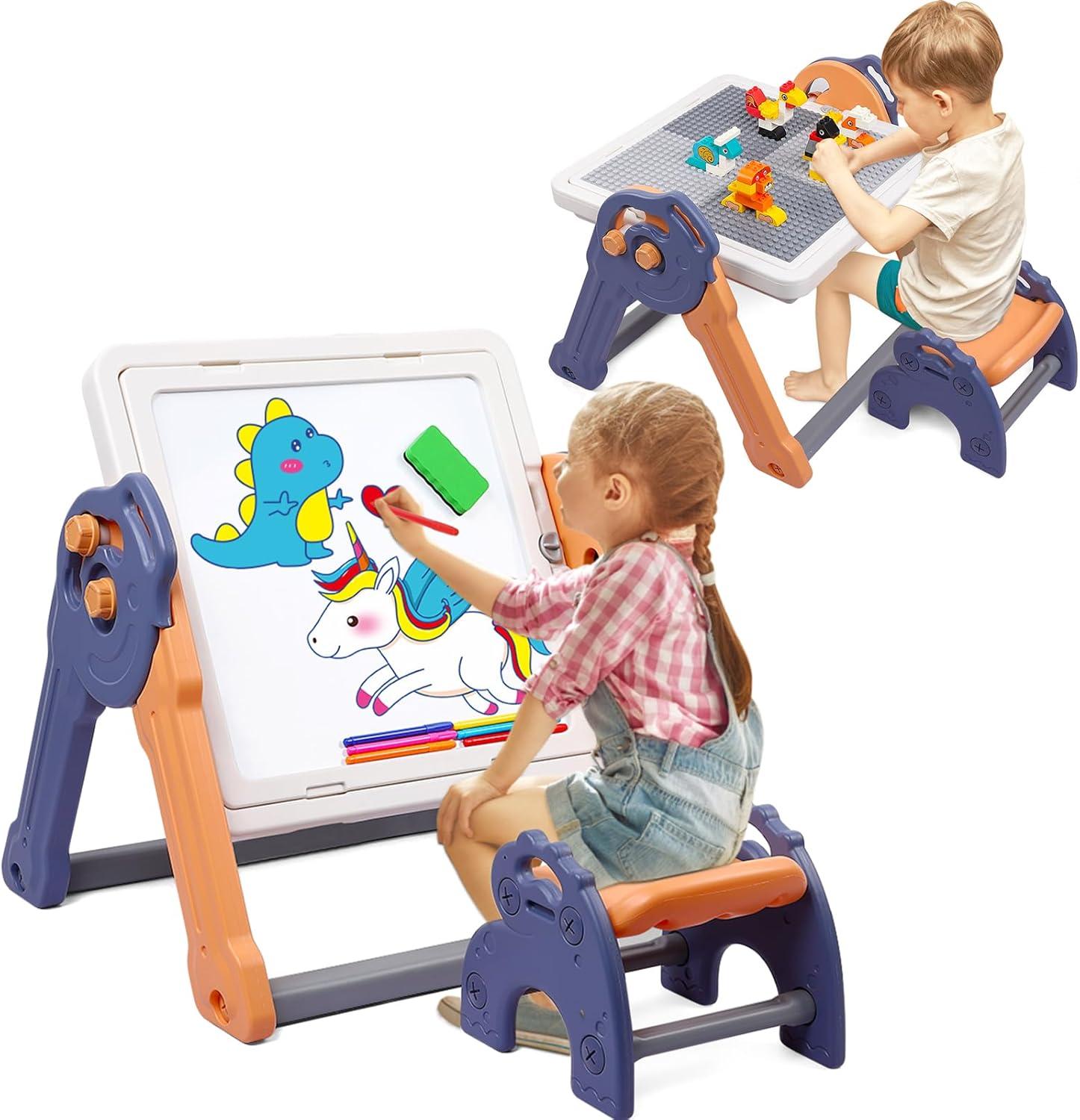 Easel for Kids, Toddler Easel with Building Block Table, Kids Standing Art Easel with Painting Accessories