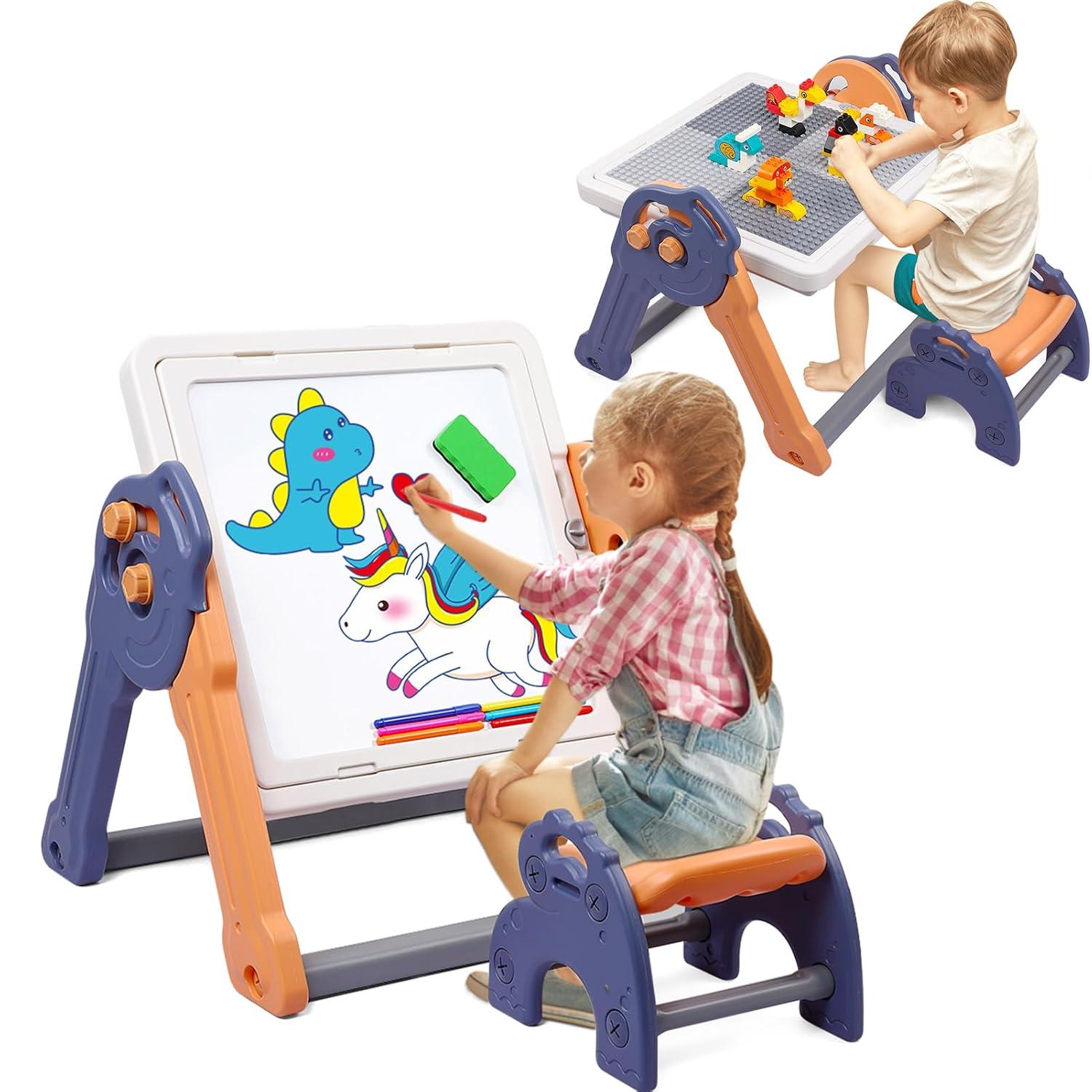 Easel for Kids, Toddler Easel with Building Block Table, Kids Standing Art Easel with Painting Accessories