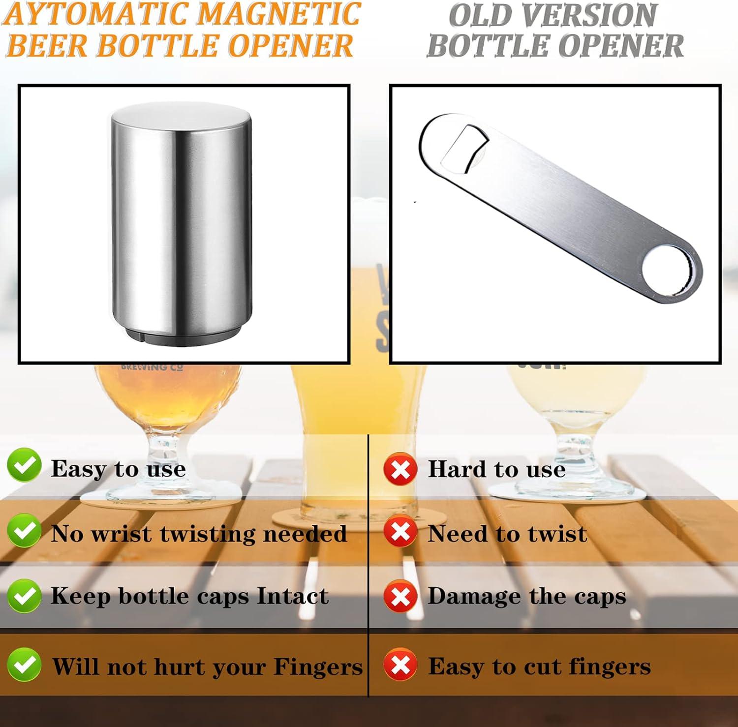 Automatic Magnetic Beer Bottle Opener, Stainless Steel Portable Pop the Top Wine Bottle Cap Catcher, Quick Open, No Damage Push Down Bartender Tools for Bar, Home, Kitchen, Party, Restaurant, Silver