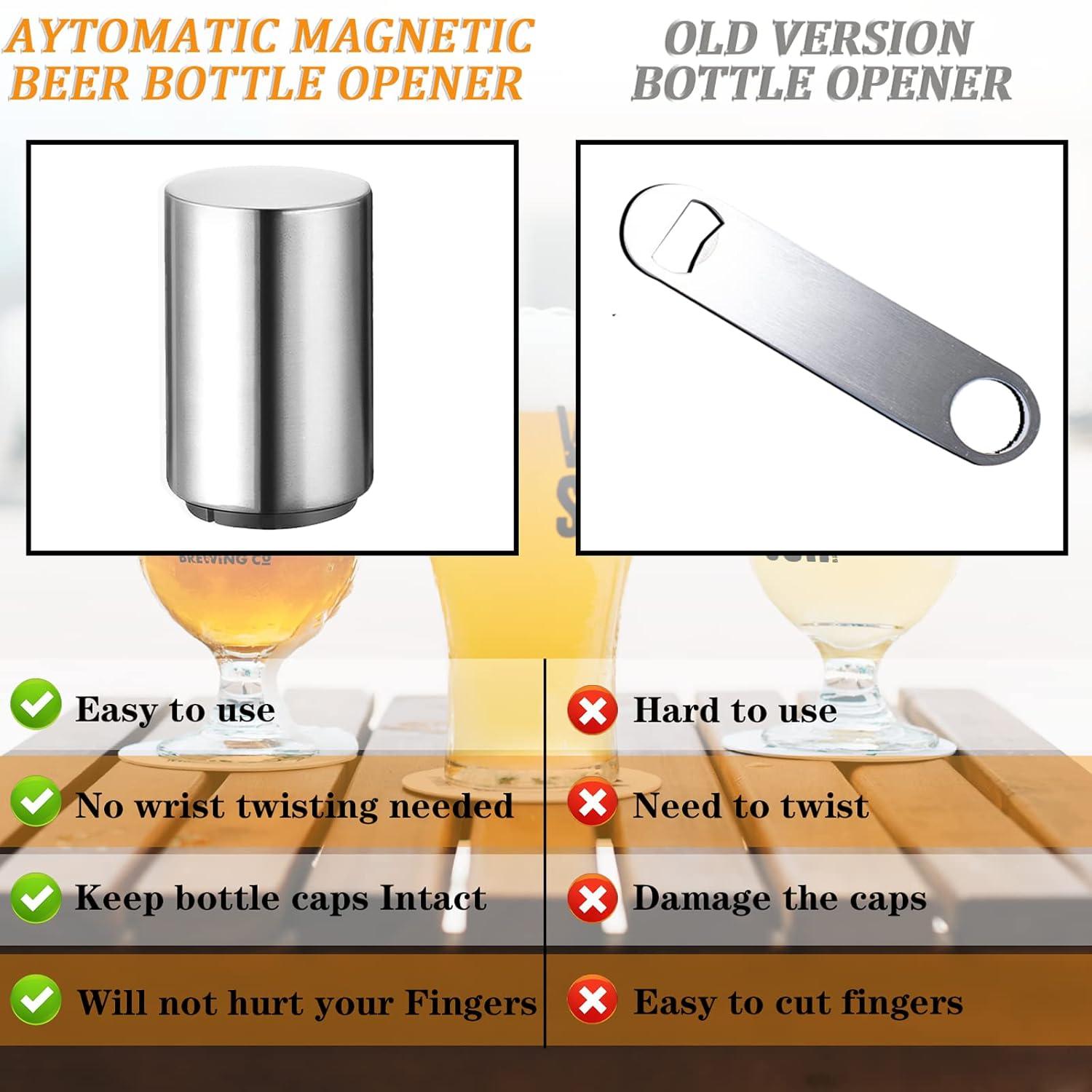Automatic Magnetic Beer Bottle Opener, Stainless Steel Portable Pop the Top Wine Bottle Cap Catcher, Quick Open, No Damage Push Down Bartender Tools for Bar, Home, Kitchen, Party, Restaurant, Silver