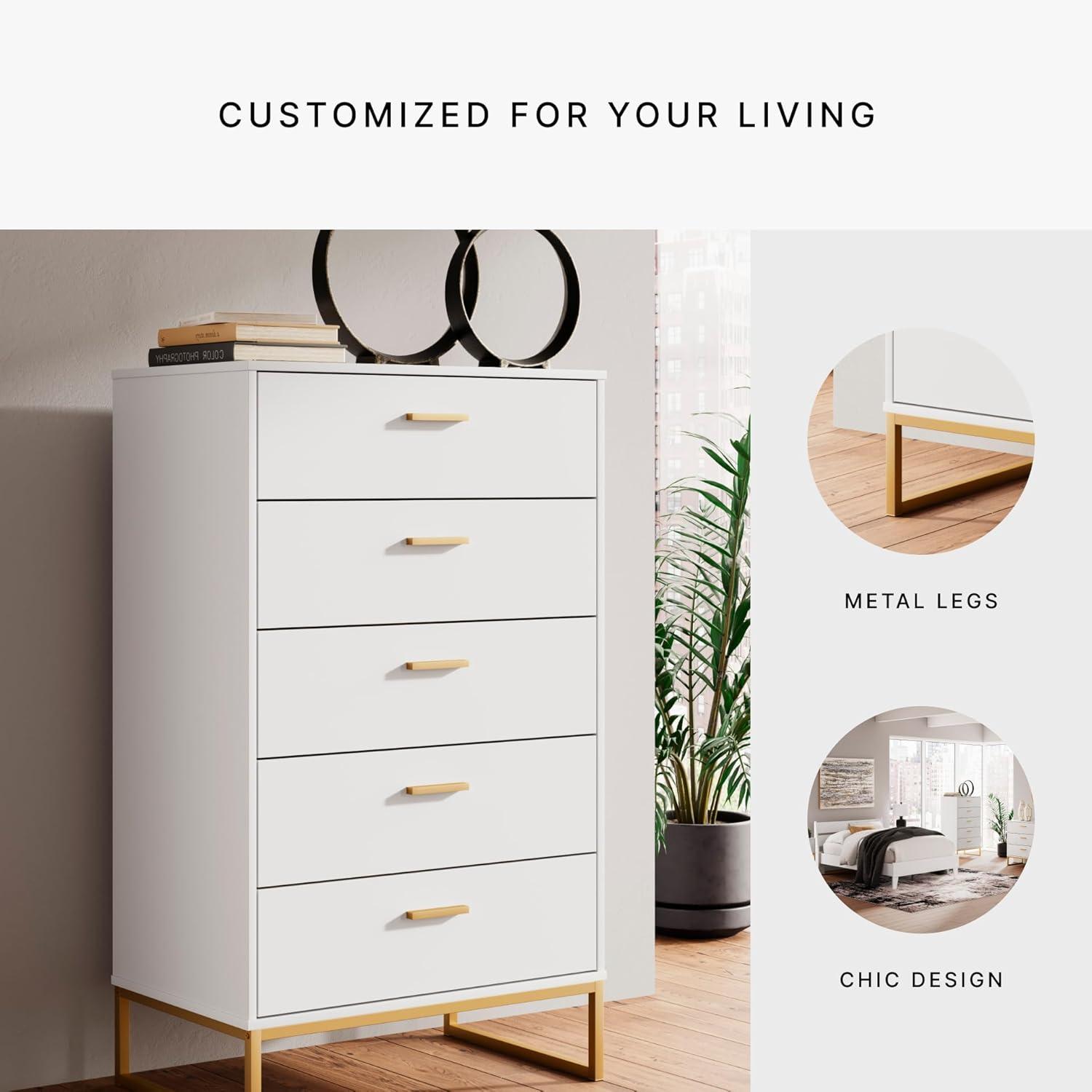 Signature Design by Ashley Socalle 5 Drawer Tall Dresser, White/Gold