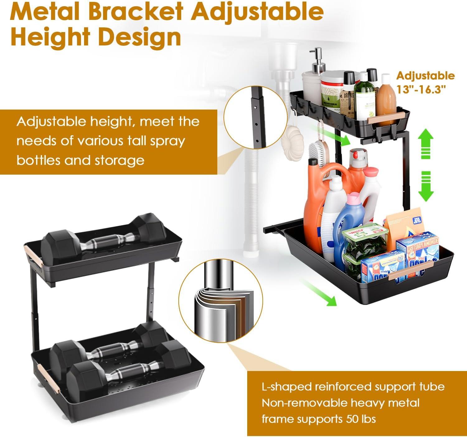 DELAMU 2 Pack Under Sink Organizers and Storage, Pull Out Trash Can Under Cabinet, 2 Tier Bin Organizer with Hooks and Haning Cups, Multi-Purpose Sliding Under Cabinet Organizer