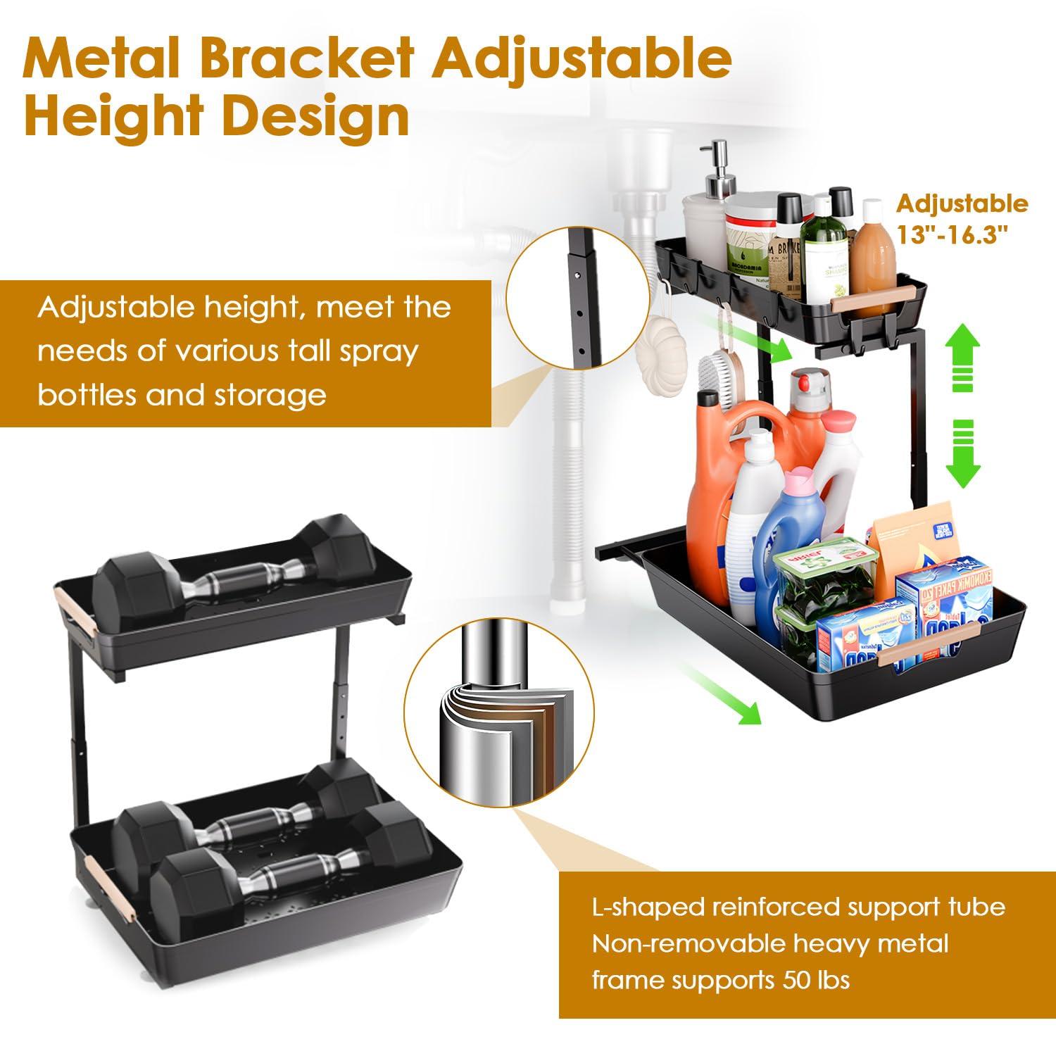 Rebrilliant Under Sink Organizer, 2 Tier Under Sink Organizers And Storage, Metal Slide Out Pull Out Cabinet Organizer ,2 Pack Sliding Drawer Organizer For Kitchen Bathroom Pantry