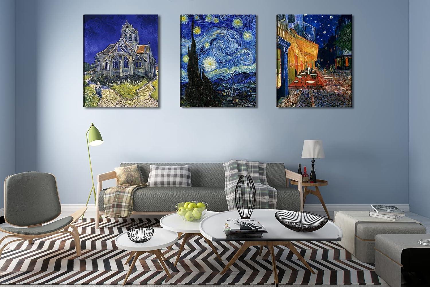 Cafe Terrace At Night by Vincent Van Gogh Wall Art Canvas Prints, Starry Night Over The Rhone Classic Painting Artwork Poster for Bedroom Bathroom Decor - 12" x 16" x 3 Pcs