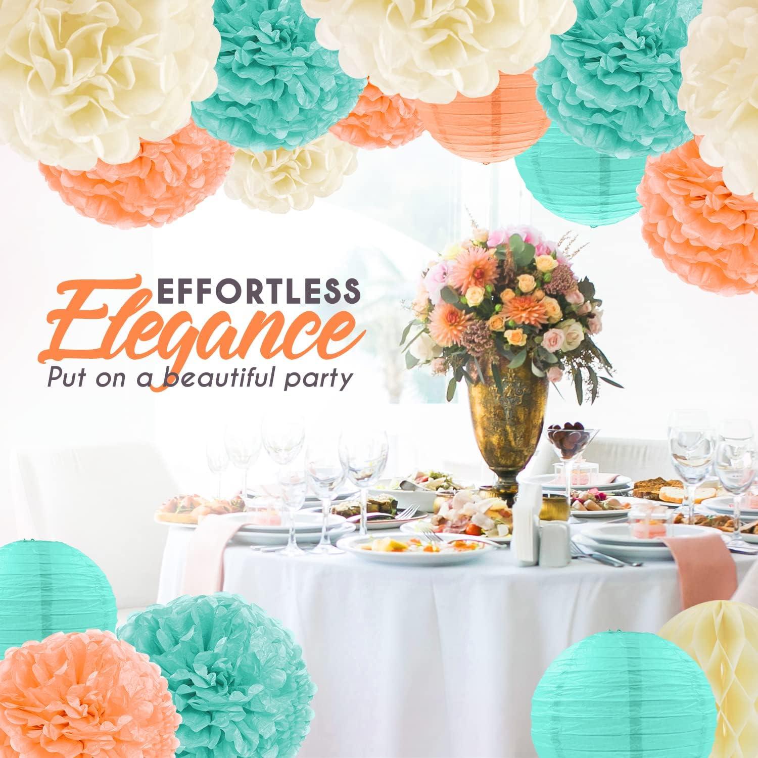 EpiqueOne 22-Piece Tissue Paper Pom Poms and Paper Lantern Party Kit - Add a Splash of Mint, Ivory & Peach to Your Celebrations!