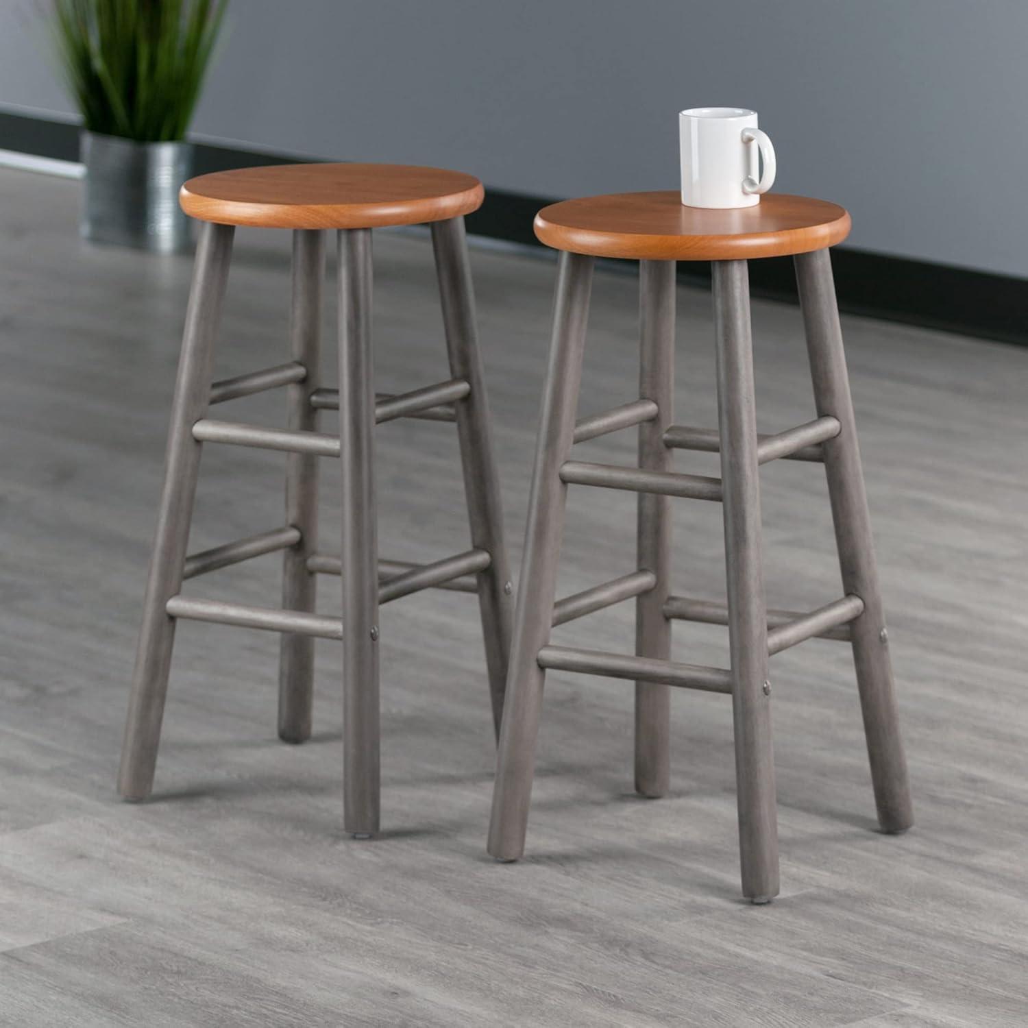 24" Gray and Teak Backless Wood Counter Stools Set