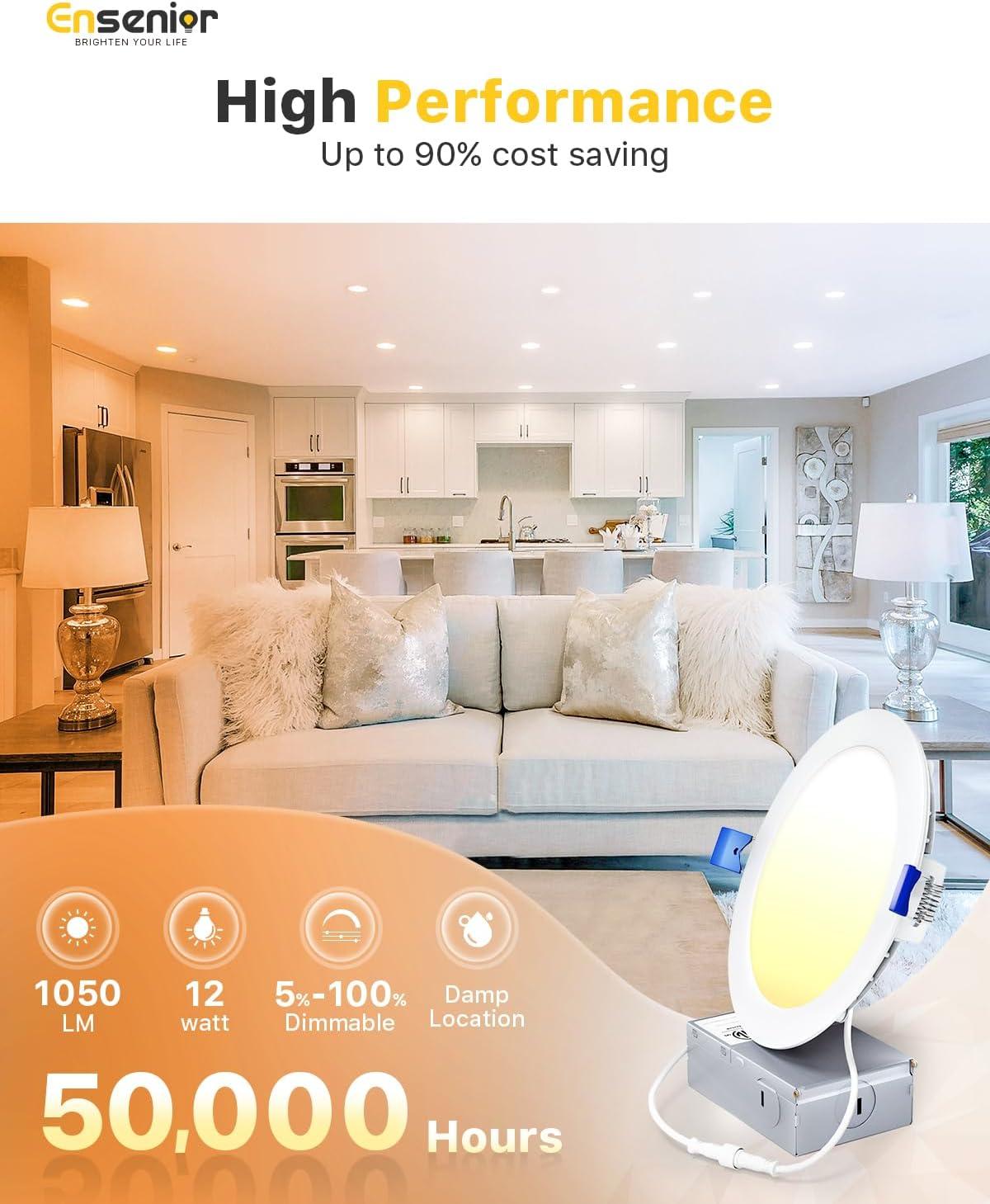 Meconard 4 Pack 6 Inch Ultra-Thin LED Recessed Ceiling Light, 3000K/4000K/5000K Selectable, Dimmable 12W=110W, 1050LM, IC Rated Can-Killer Downlights with Junction Box, ETL and Energy Star Listed