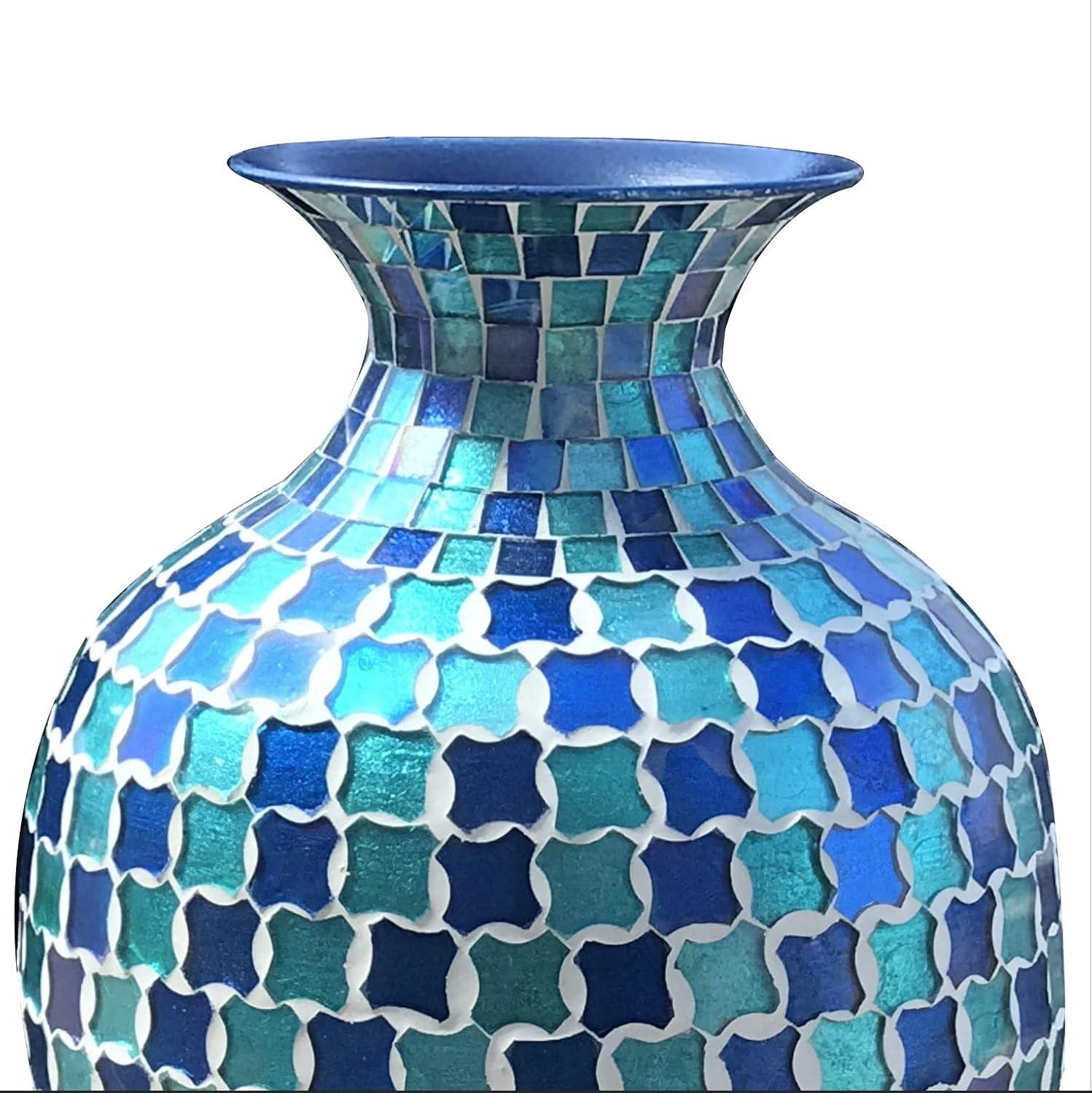 Mosaic 20 Inch Decorative Tall Floor Vase, for Home Decor Geometric Pattern Metal Vase with Glass Mosaic- Blue and Turquoise Tessellation Pattern