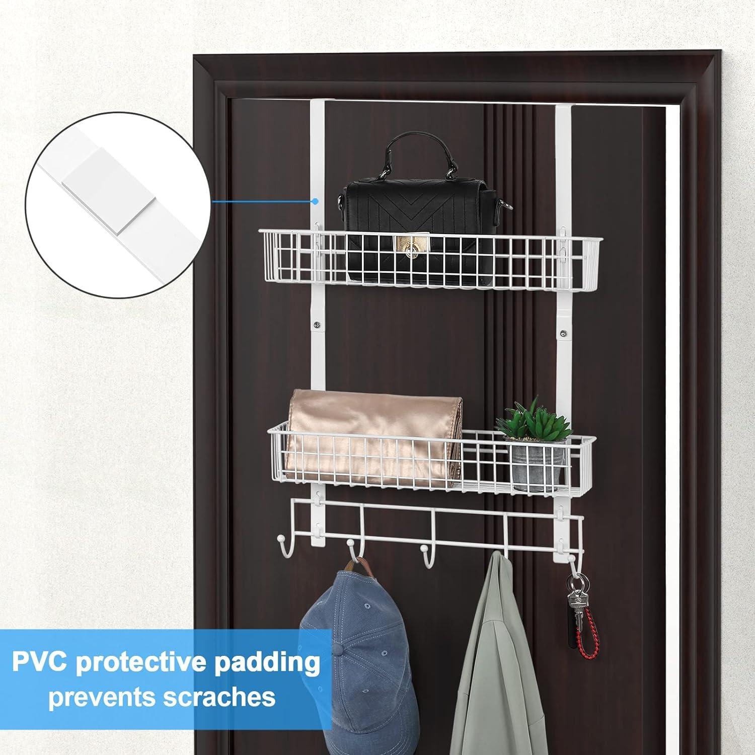Over The Door Hooks, Door Hanger Towel Rack with 5 Coat Hooks & 2 Mesh Basket, Over Door Organizer for Bathroom, Bedroom, Kitchen, Office, Easy Installation, White
