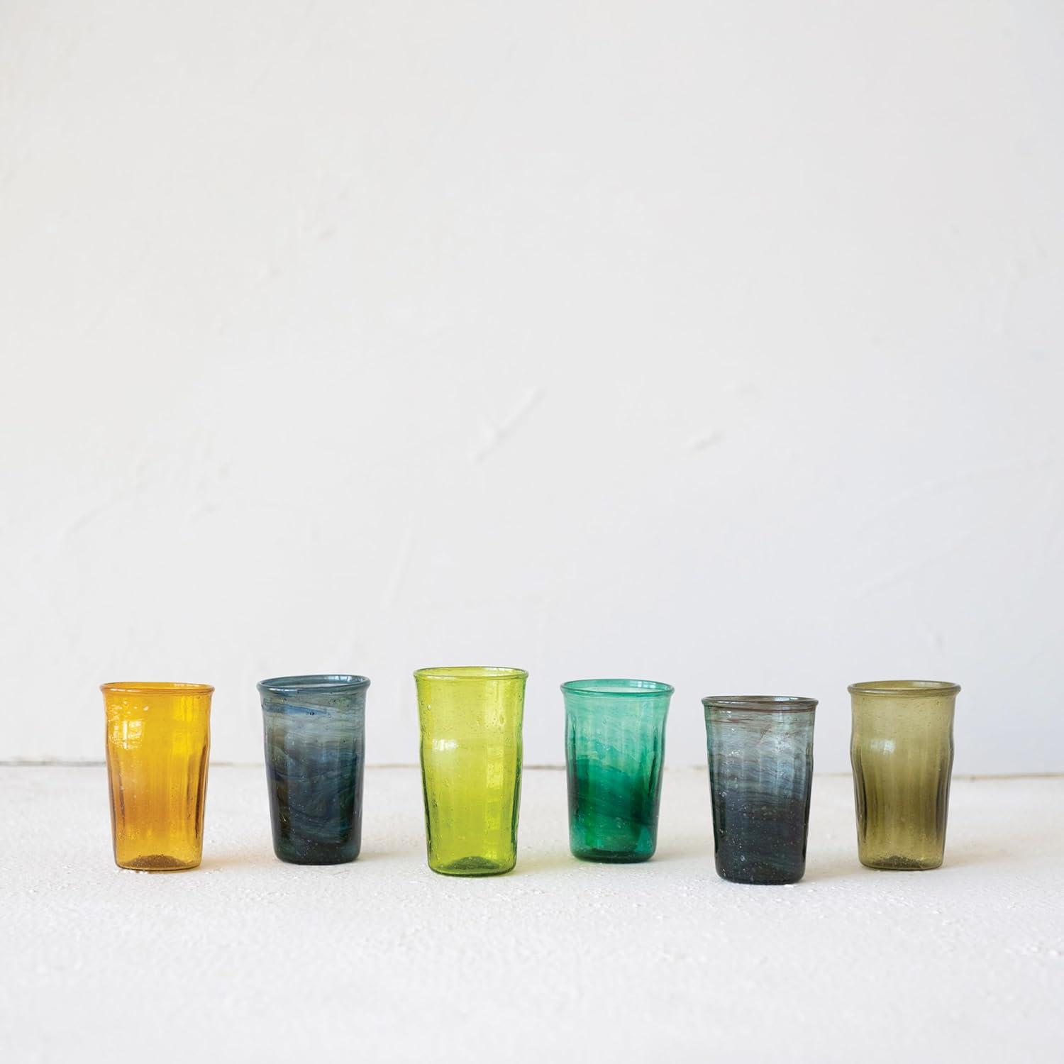 Hand Blown Multicolor Glass Drinking Set with Embossed Design