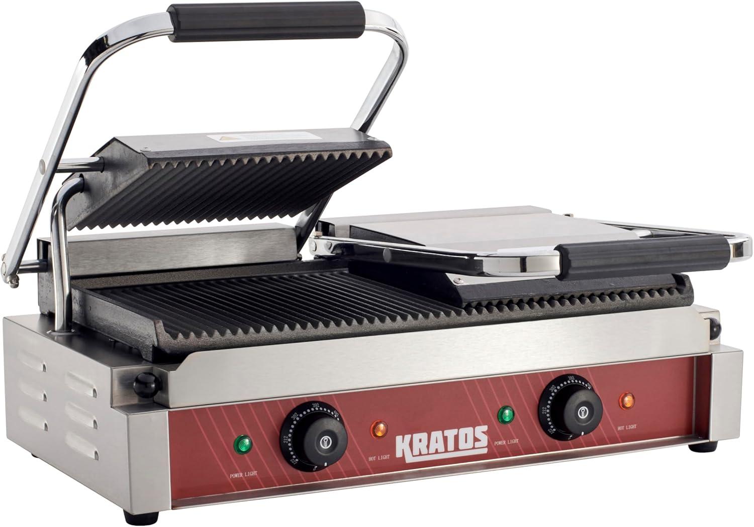 Kratos Commercial Electric Panini Sandwich Grill with Grooved Plates, 9" x 9" Cooking Surface, Commercial Countertop Panini Press, 120V, 1750W (29Y-017)