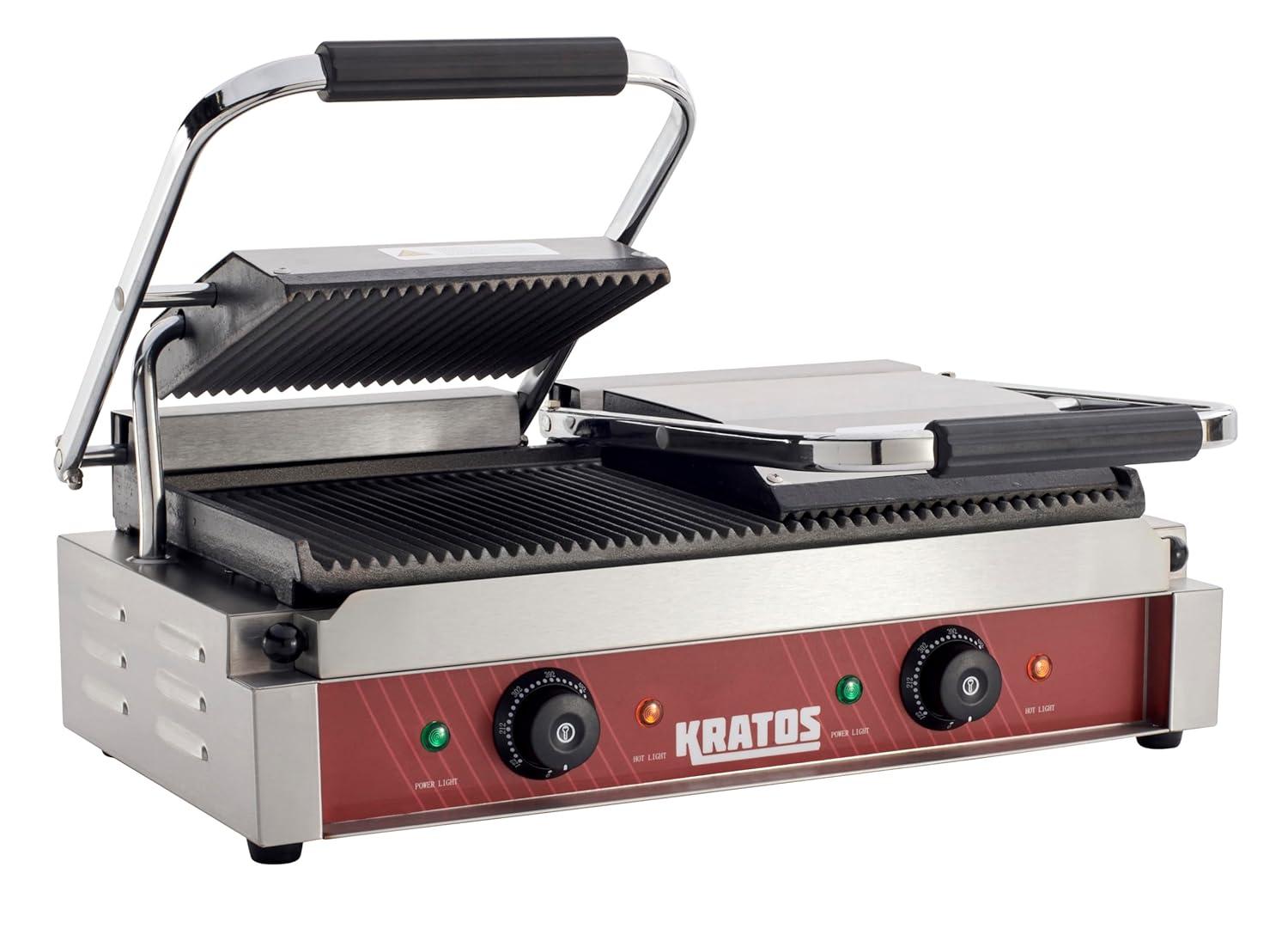 Kratos Commercial Electric Panini Sandwich Grill with Grooved Plates, 9" x 9" Cooking Surface, Commercial Countertop Panini Press, 120V, 1750W (29Y-017)