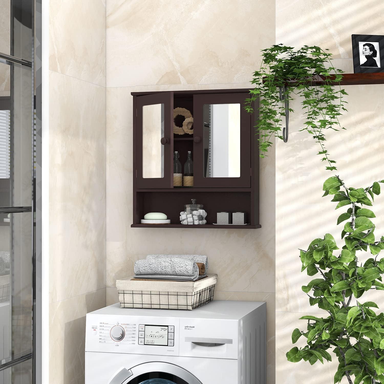 Brown MDF Wall-Mounted Medicine Cabinet with Mirror and Shelves