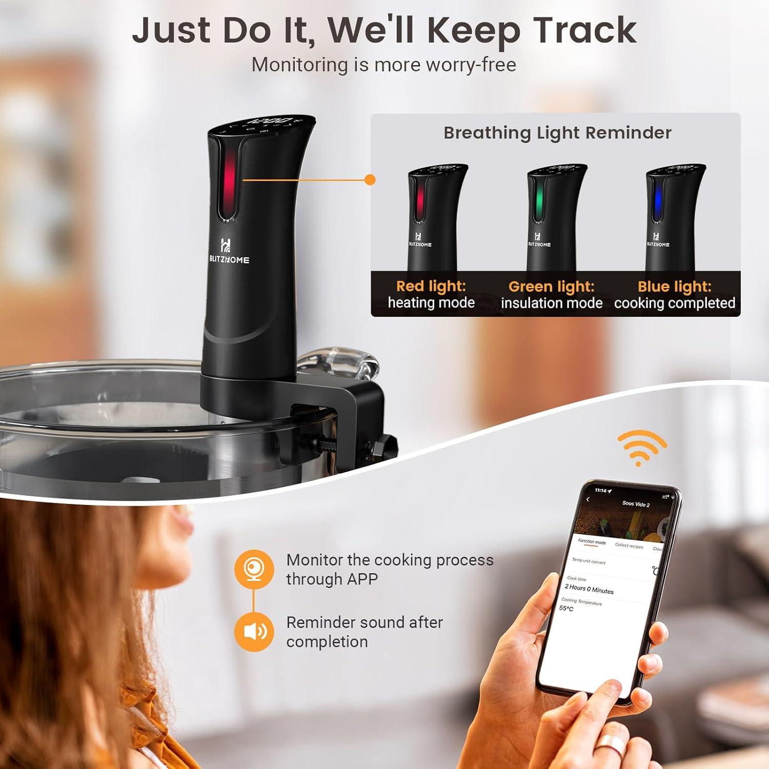 BlitzHome 1100W Sous Vide Cooker with Temperature Setting, Timer, Breath Light Reminder Function