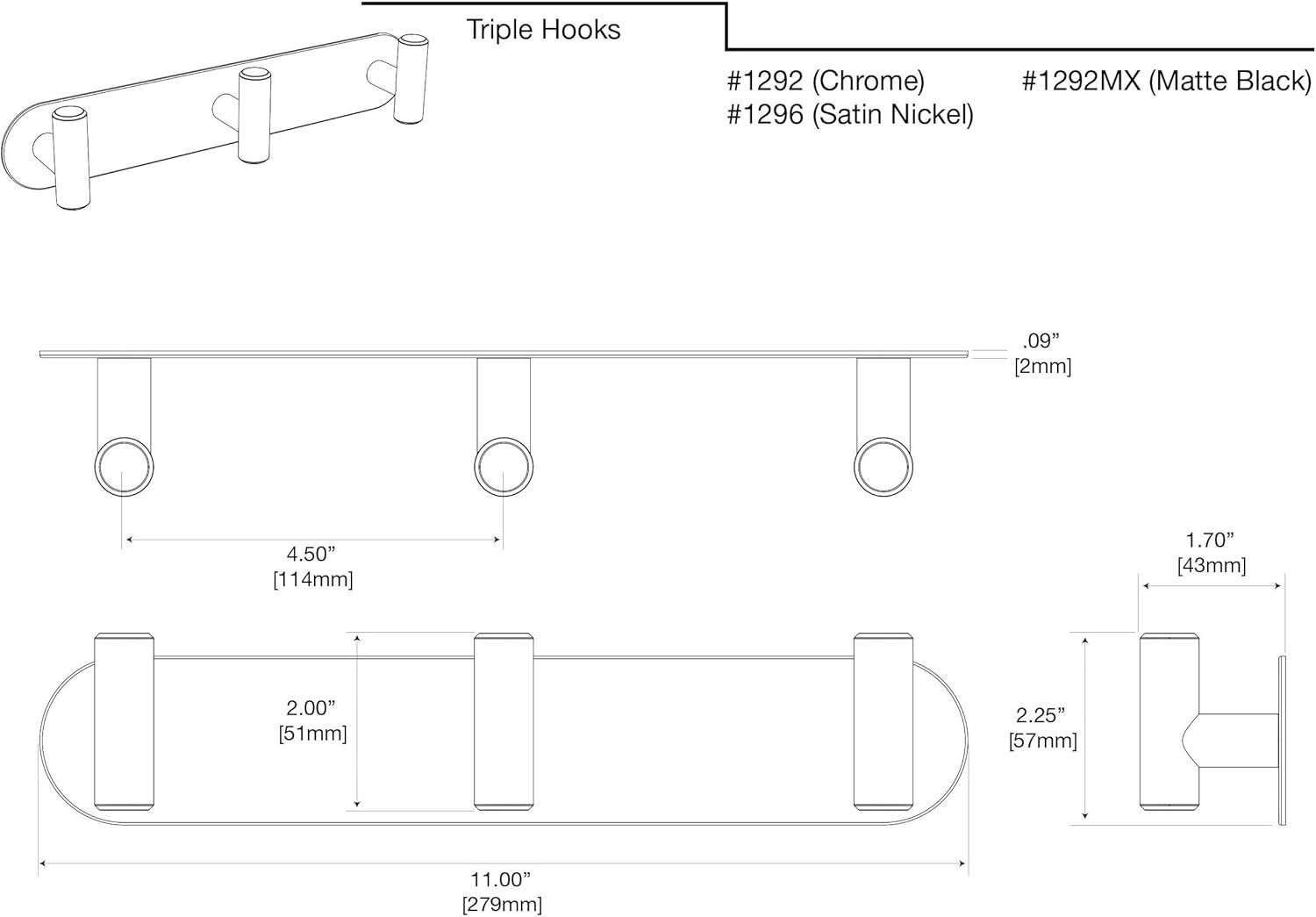 Latitude II Wall Mounted Towel and Robe Hook Rack with 3 Hooks