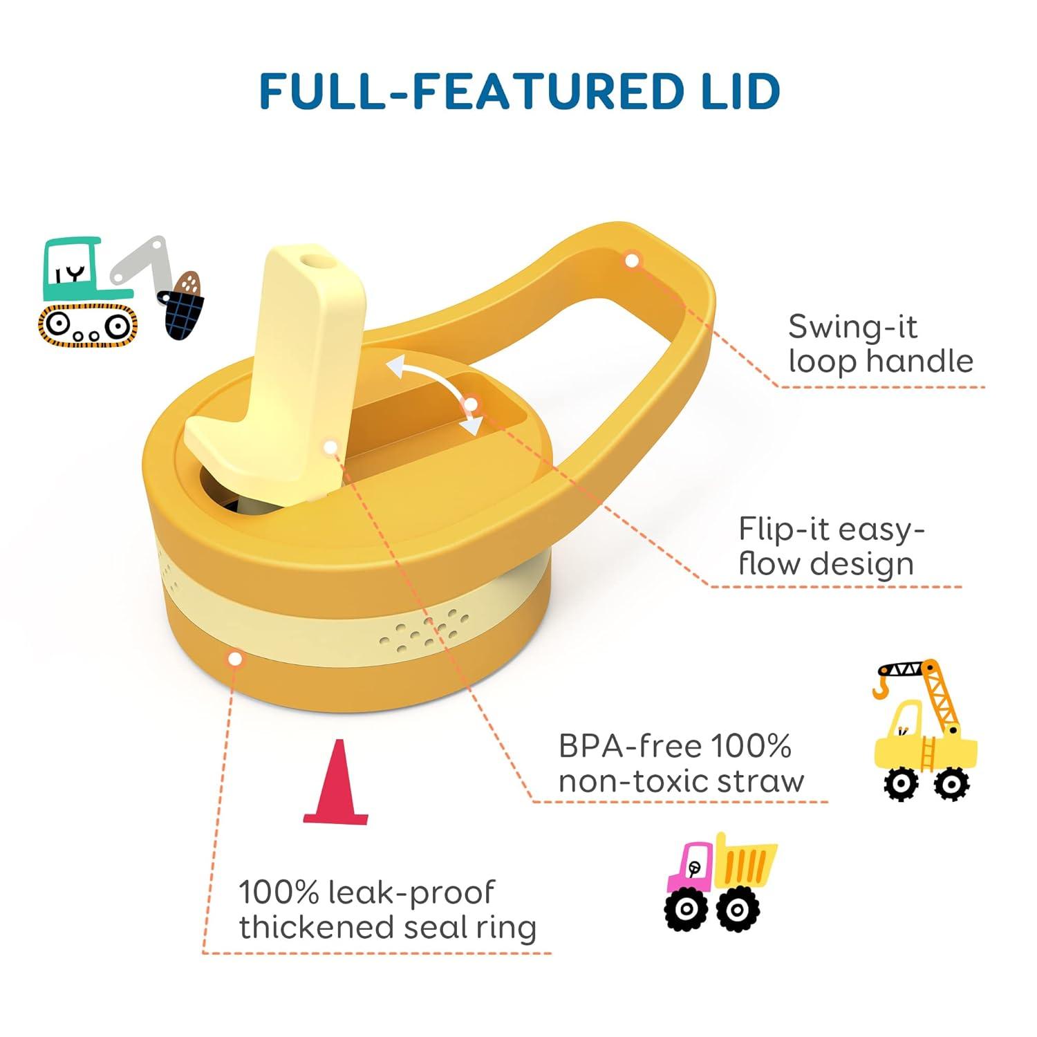 Buzio Insulated Water Bottle with Straw for Kids, 2 Lids Double Vacuum Metal Water Bottle, 14 Ounce, Blue Shark