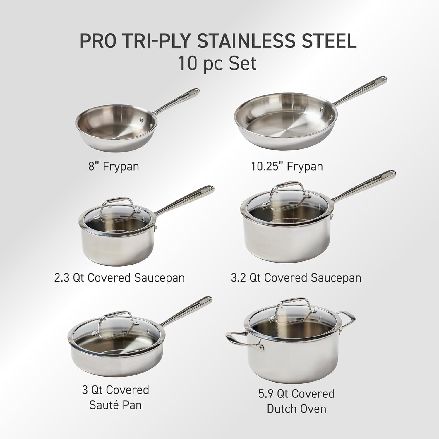 T-fal Pro Tri-Ply Stainless Steel, 10 Piece Cookware Set, Silver