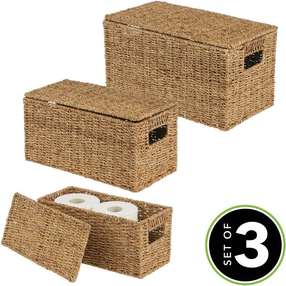 mDesign Woven Seagrass Home Storage Basket with Lid, Set of 3