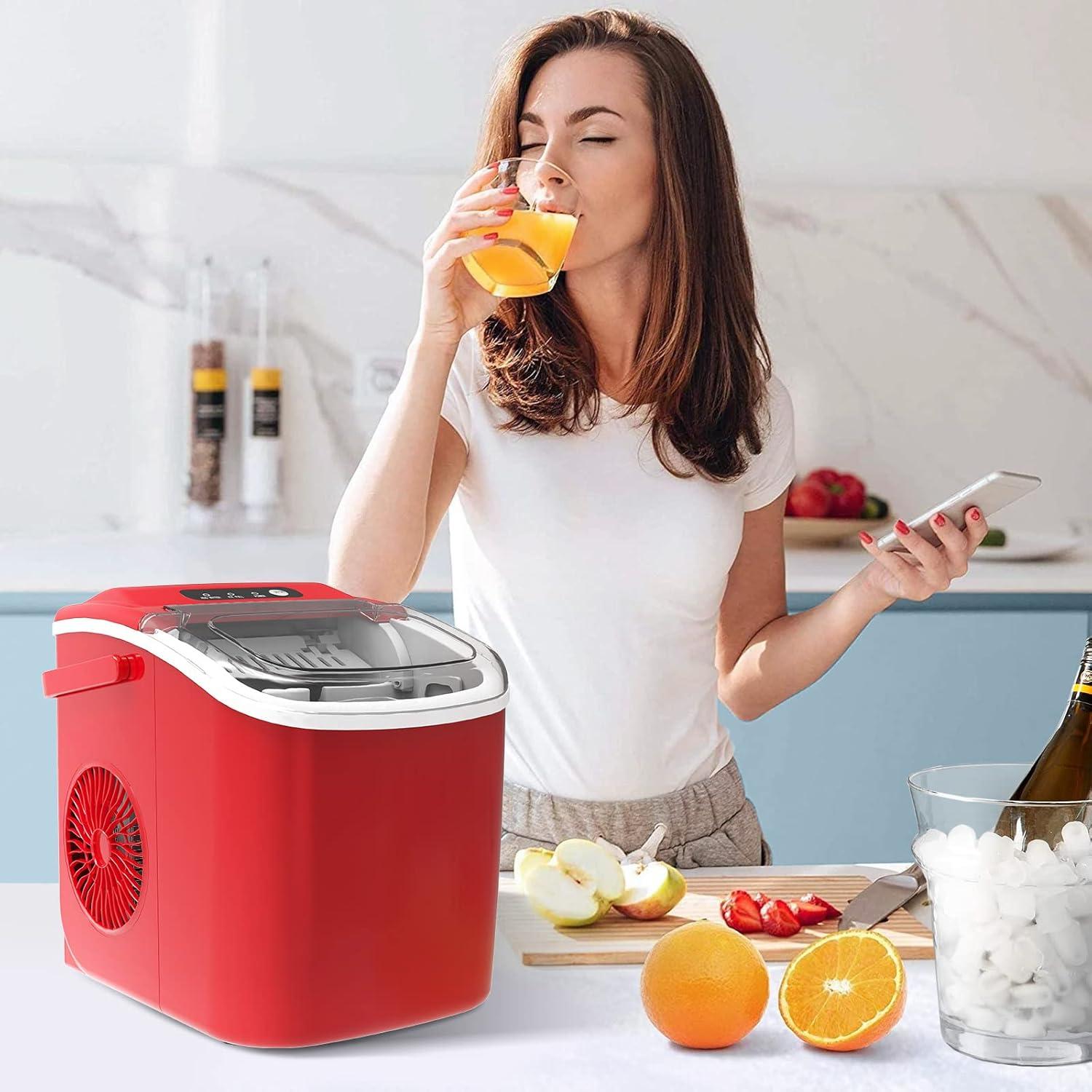 Red Portable Countertop Ice Maker with Handle and Self-Cleaning Function