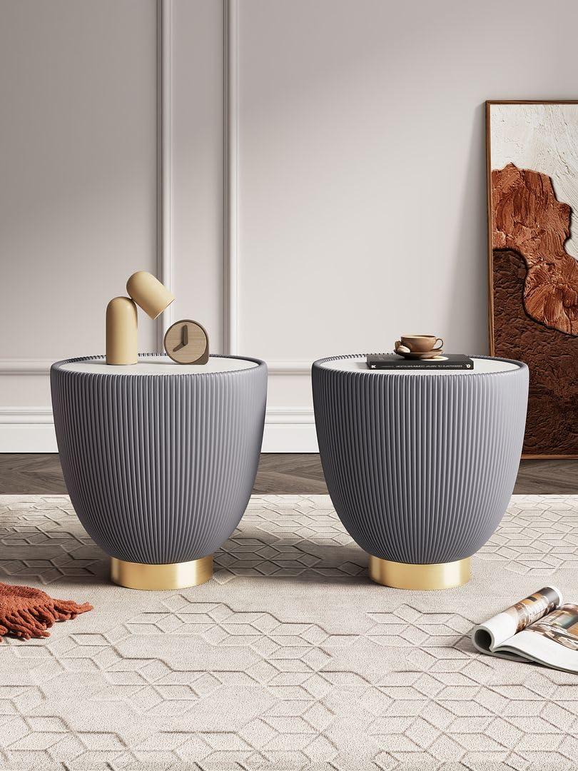 Manhattan Comfort Set of 2 Anderson Leatherette End Tables: Gold Metal Finish, No Assembly Required