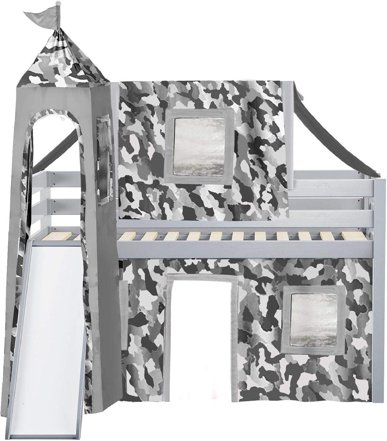 JACKPOT Solid Wood Prince & Princess Low Loft Twin Bed in Gray/Gray Camo
