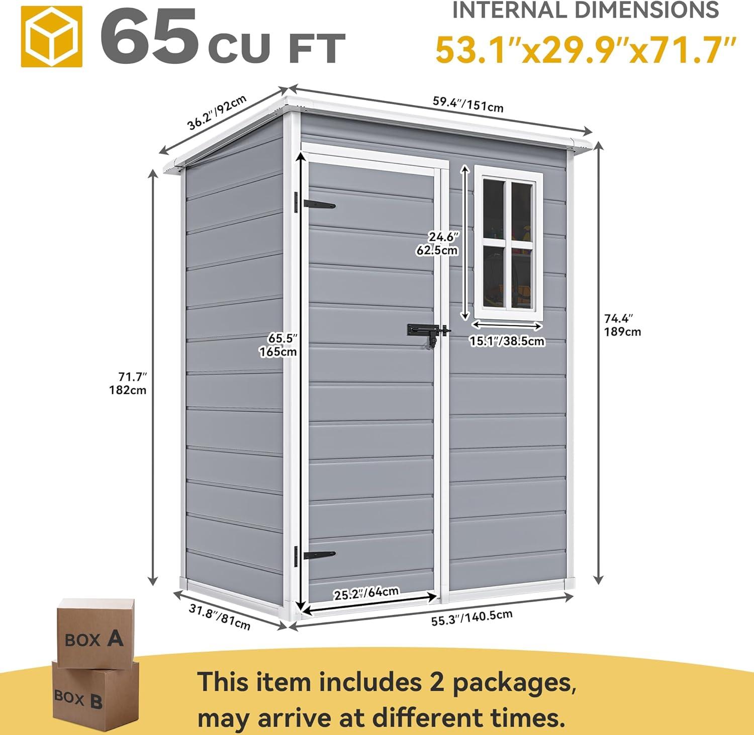 Aiho 5' x 3' Outdoor Storage Shed, Resin Storage House  with Lockable Door for Backyard , Gray