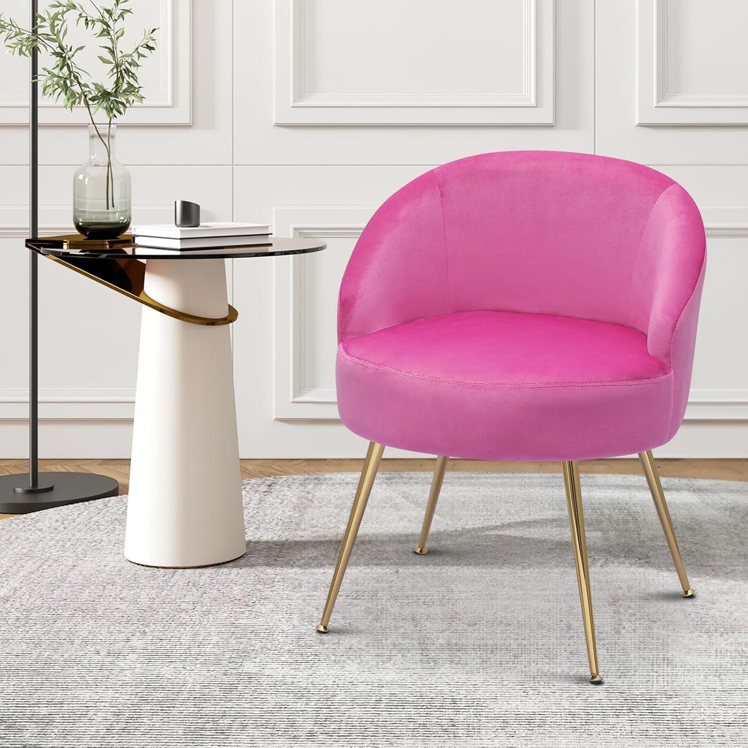 MoNiBloom Modern Upholstered Velvet Accent Chair, Single Sofa Side Chair for Living Bedroom Make-Up Room, Barrel Chair with Golden Metal Legs, Hot Pink