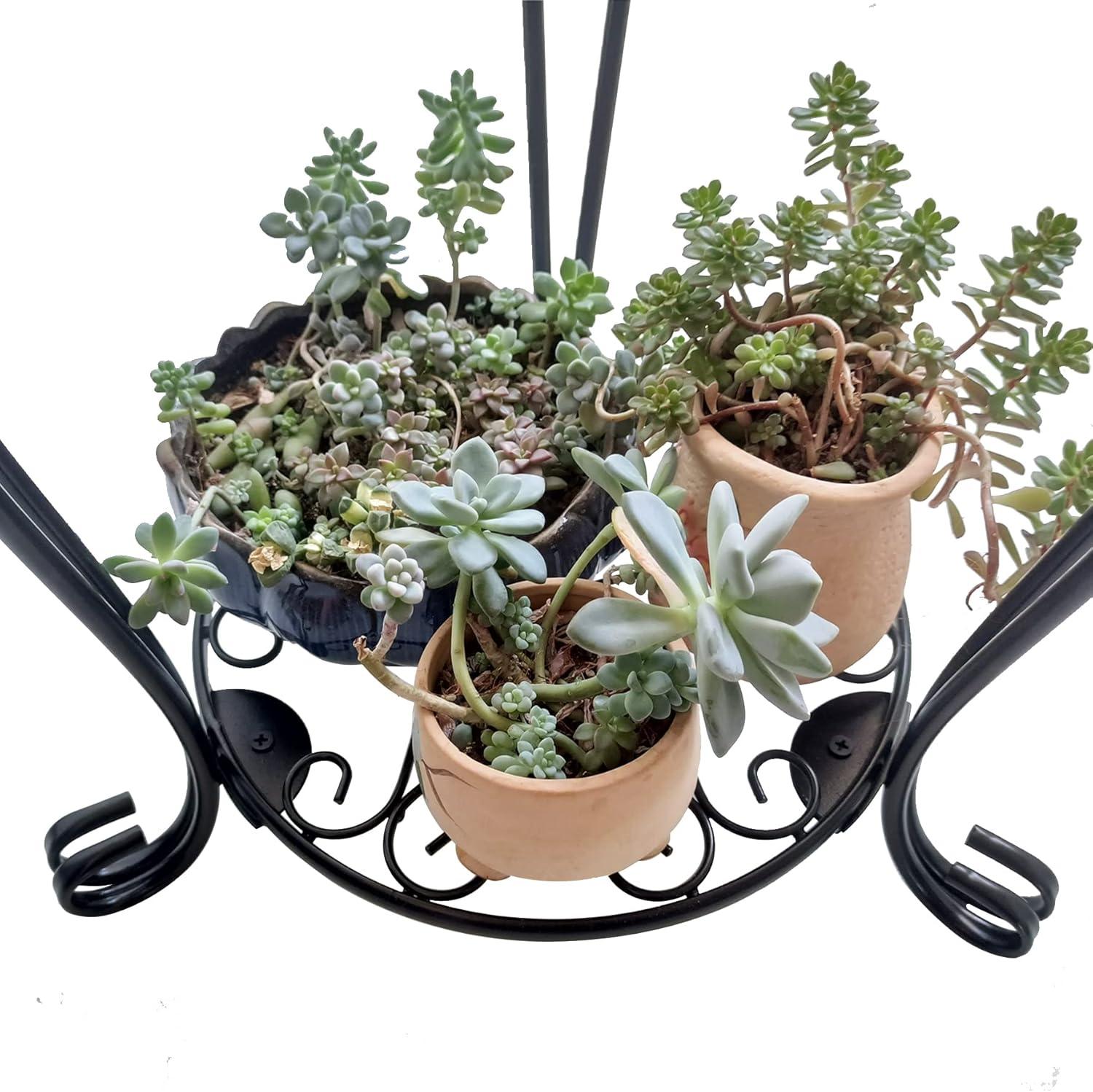 Black Metal 2-Tier Plant Stand with Floral Design